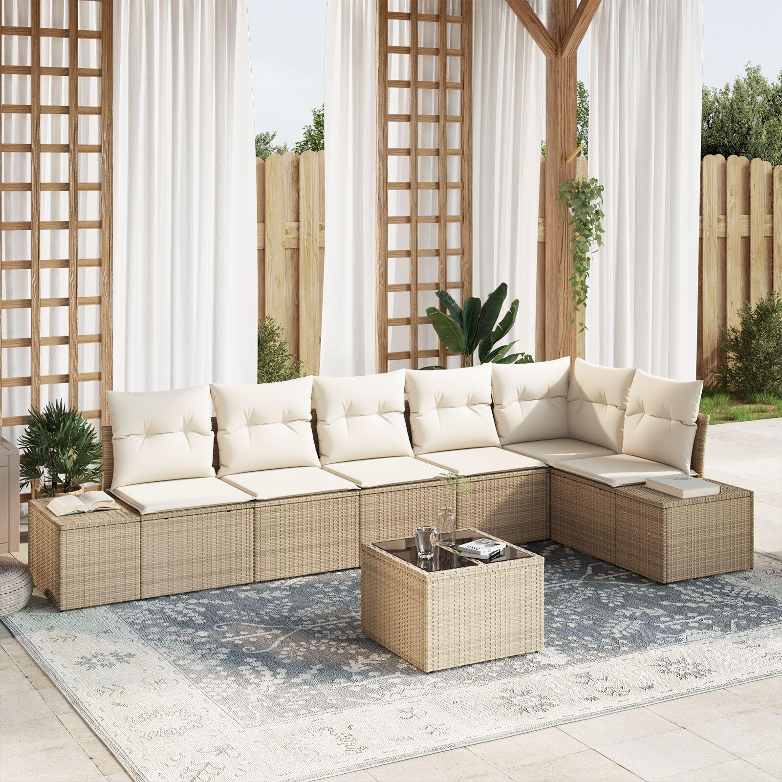Havesofa Sæt med pude 7 stk beige og cremefarvet Poly rattan
