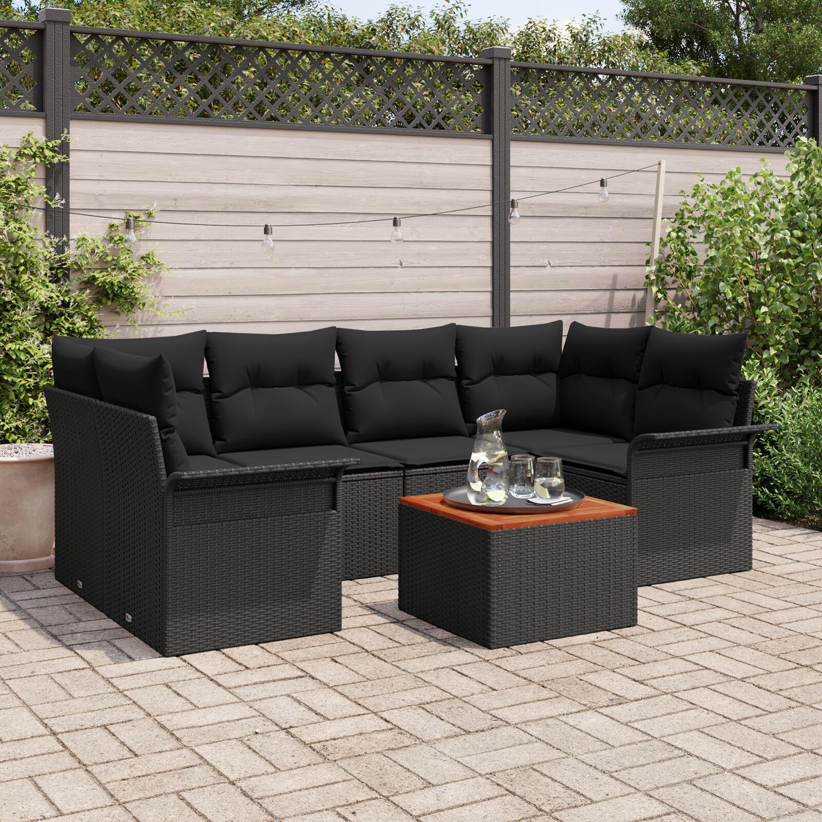 Havesofa sæt med puder 7 stk sort polyrattan