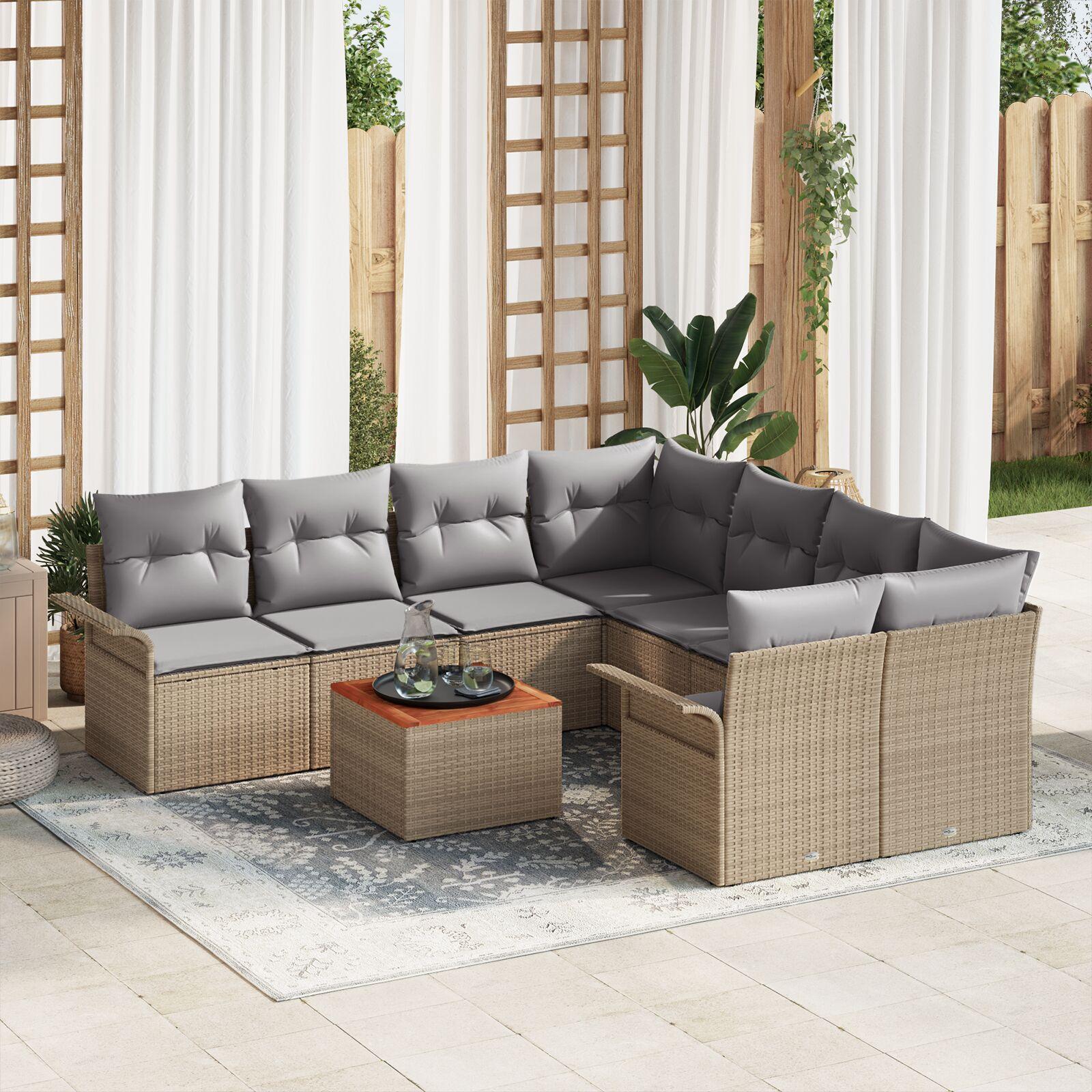 Havesofa Sæt Med Pude 9 Dele Polyrattan - beige og grå