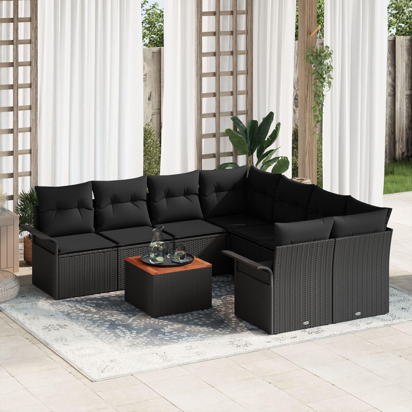 Havesofa Sæt Med Pude 9 Dele Polyrattan - Sort