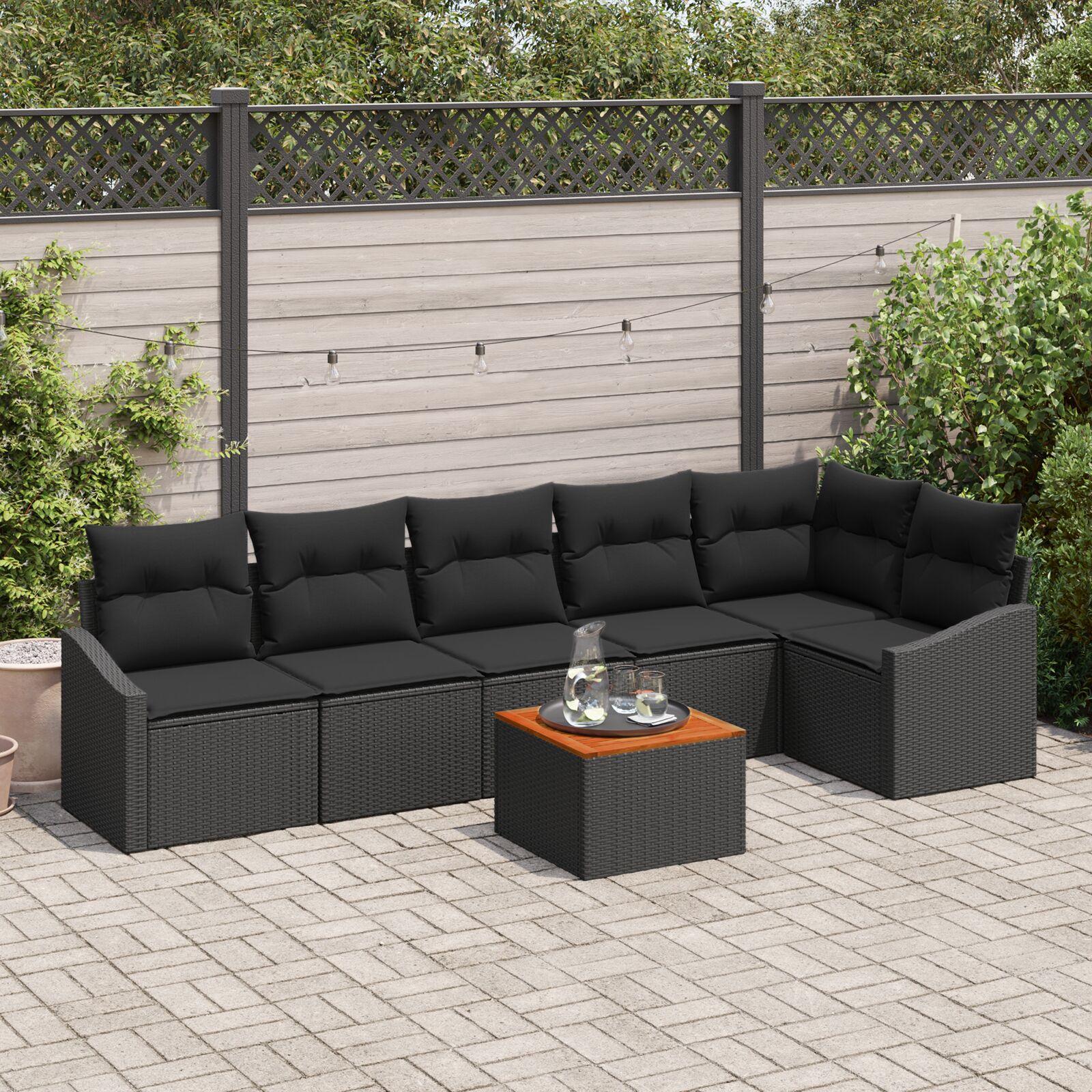Modulært havesofa-sæt med puder, 7 dele - sort polyrattan og akacietræ