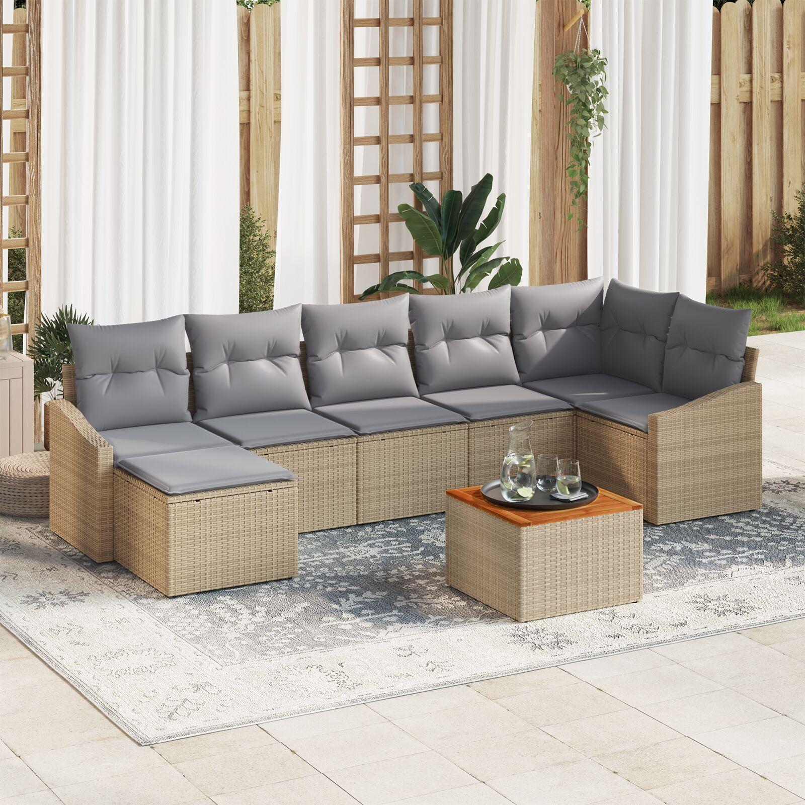 Havesofa Sæt Med Pude 8 Dele Polyrattan - beige og grå