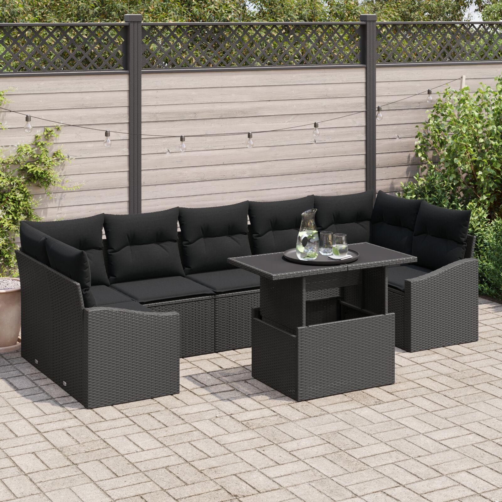 Havesofa Sæt med pude 8 stk Sort 100 x 55 x 73 cm