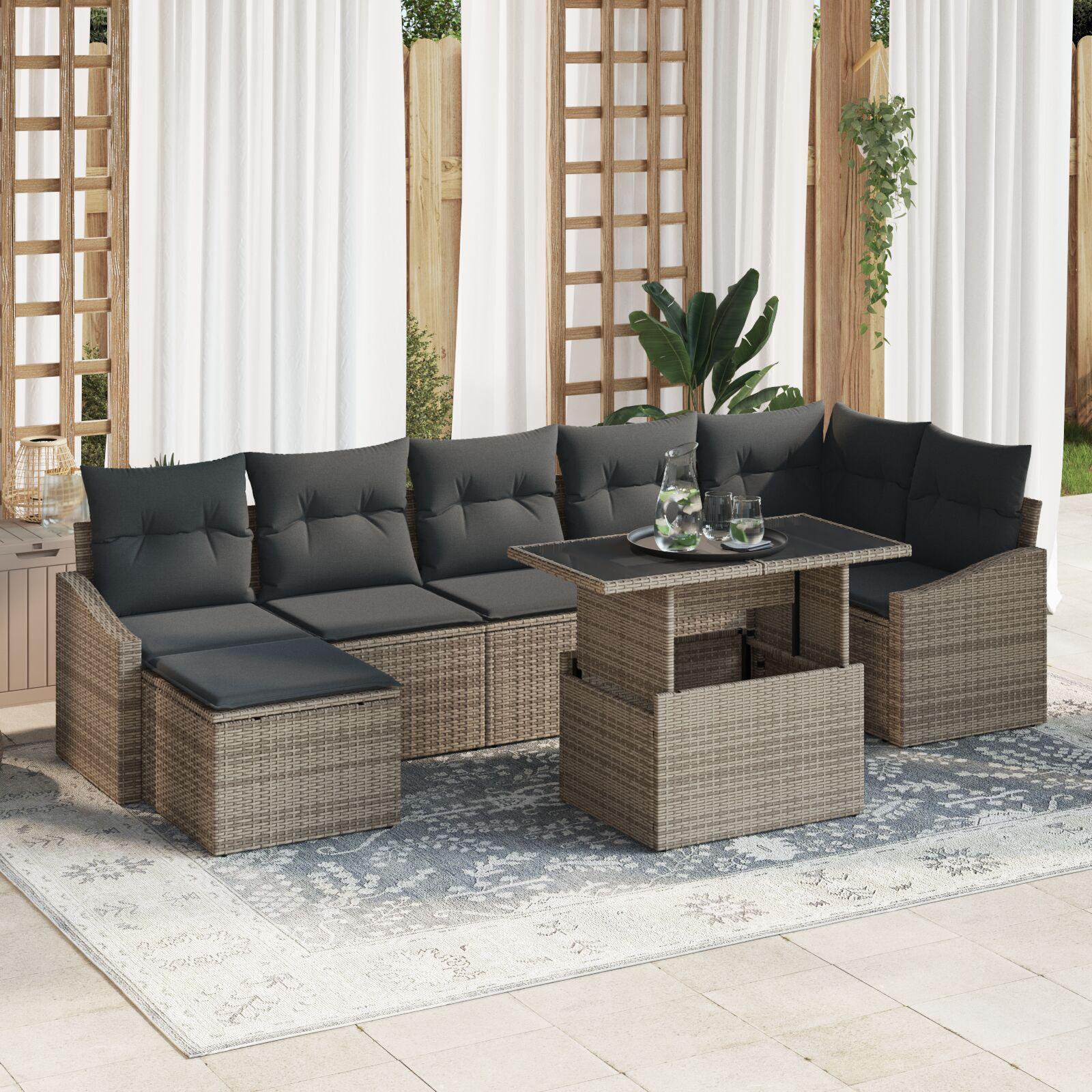 Havesofa Sæt 8 stk Grå Polyrattan og pulverlakeret stål og glas