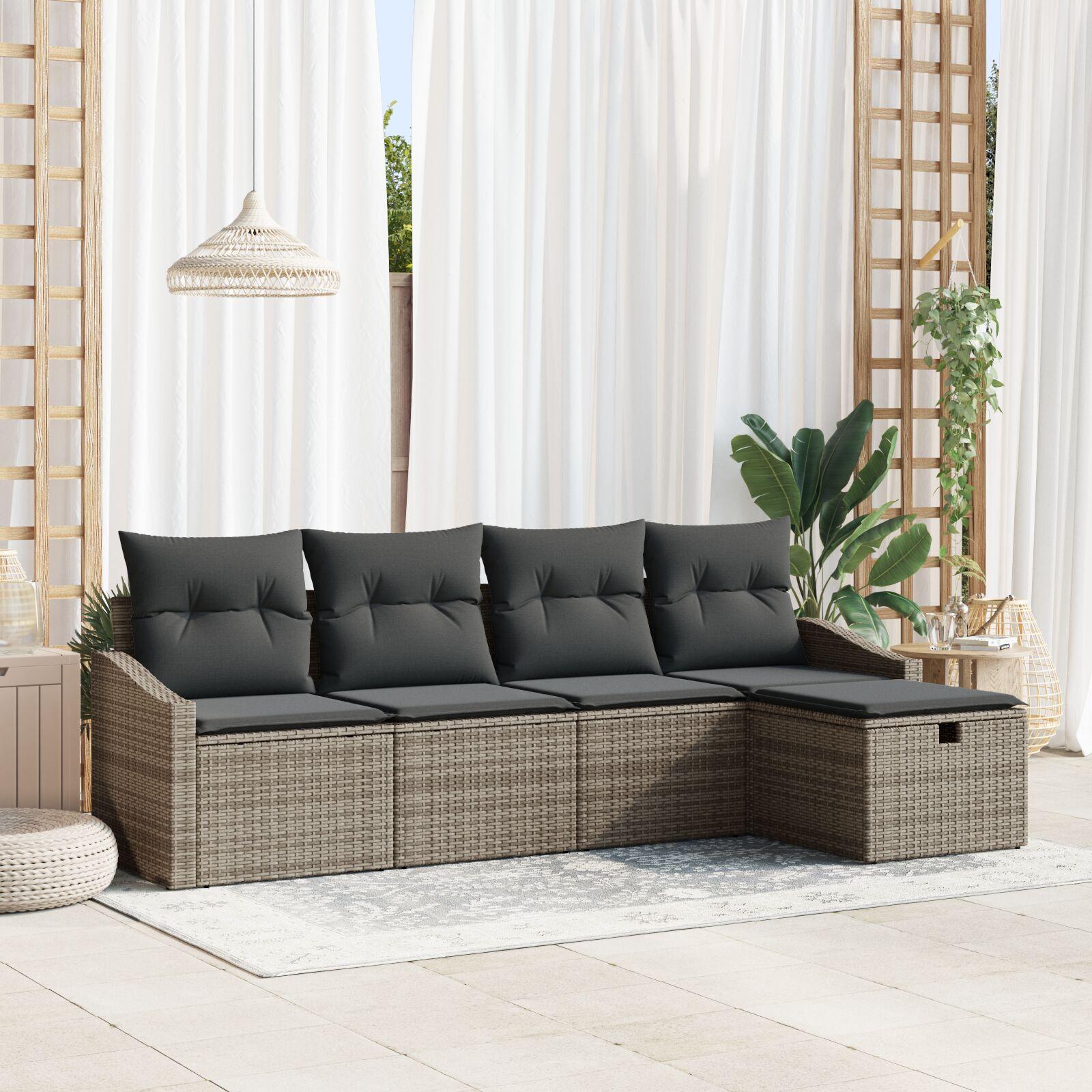 Havesofa-sæt med puder og opbevaring - 5 pers., grå polyrattan
