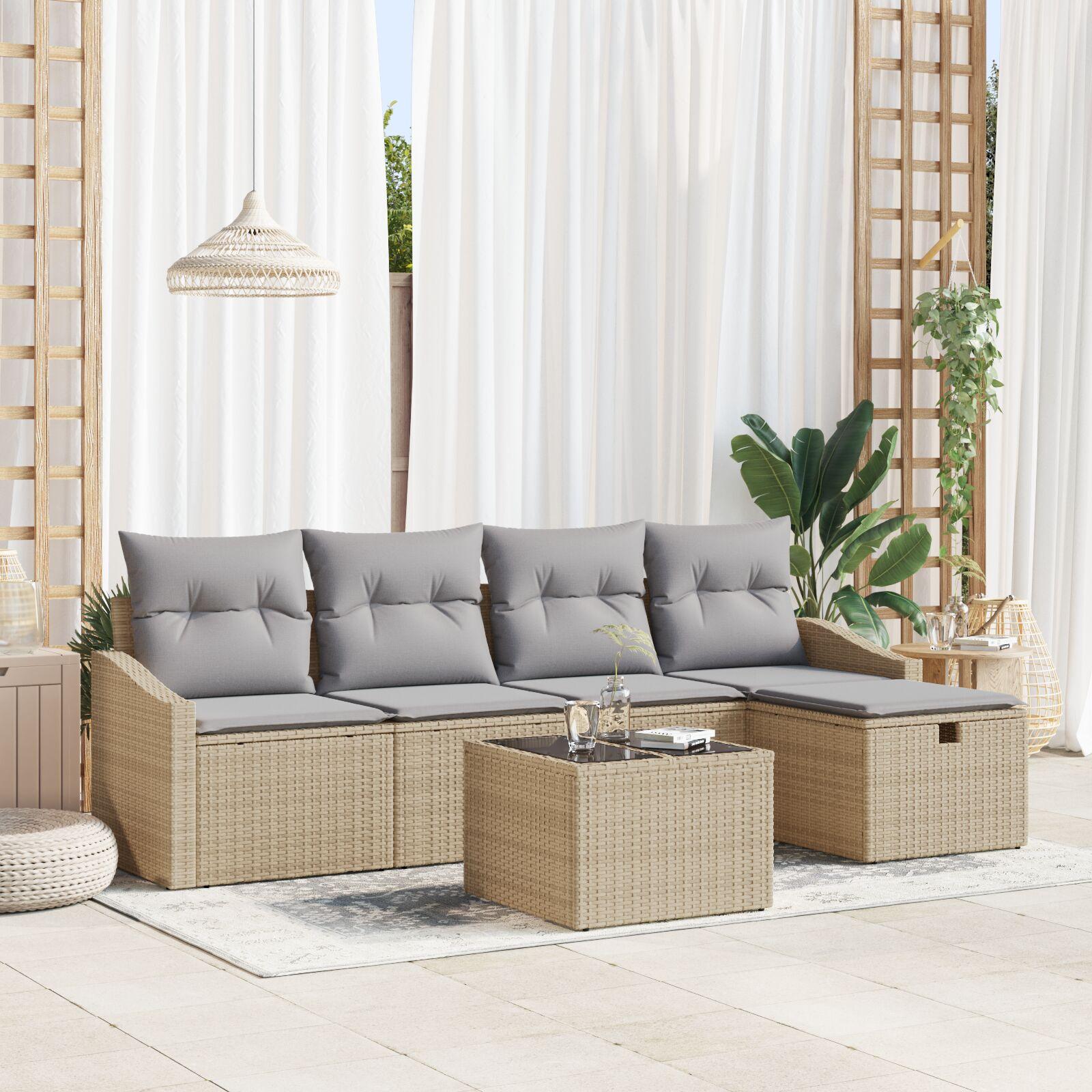 Sofa Sæt Med Pude Med Opbevaring Polyrattan - Beige / Lysegrå