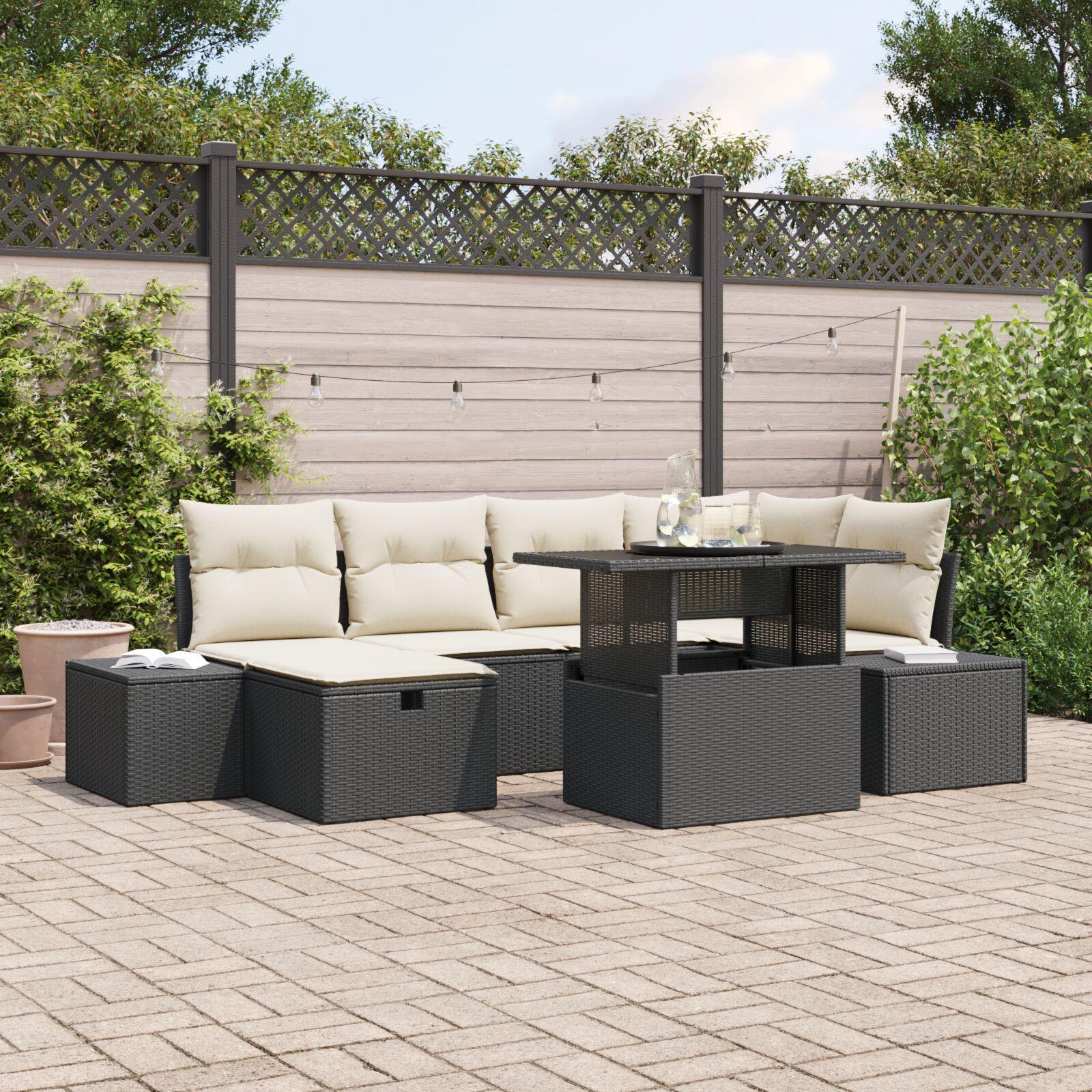 Havesofa Sæt 7 Stk. Polyrattan - Sort / Cremehvid