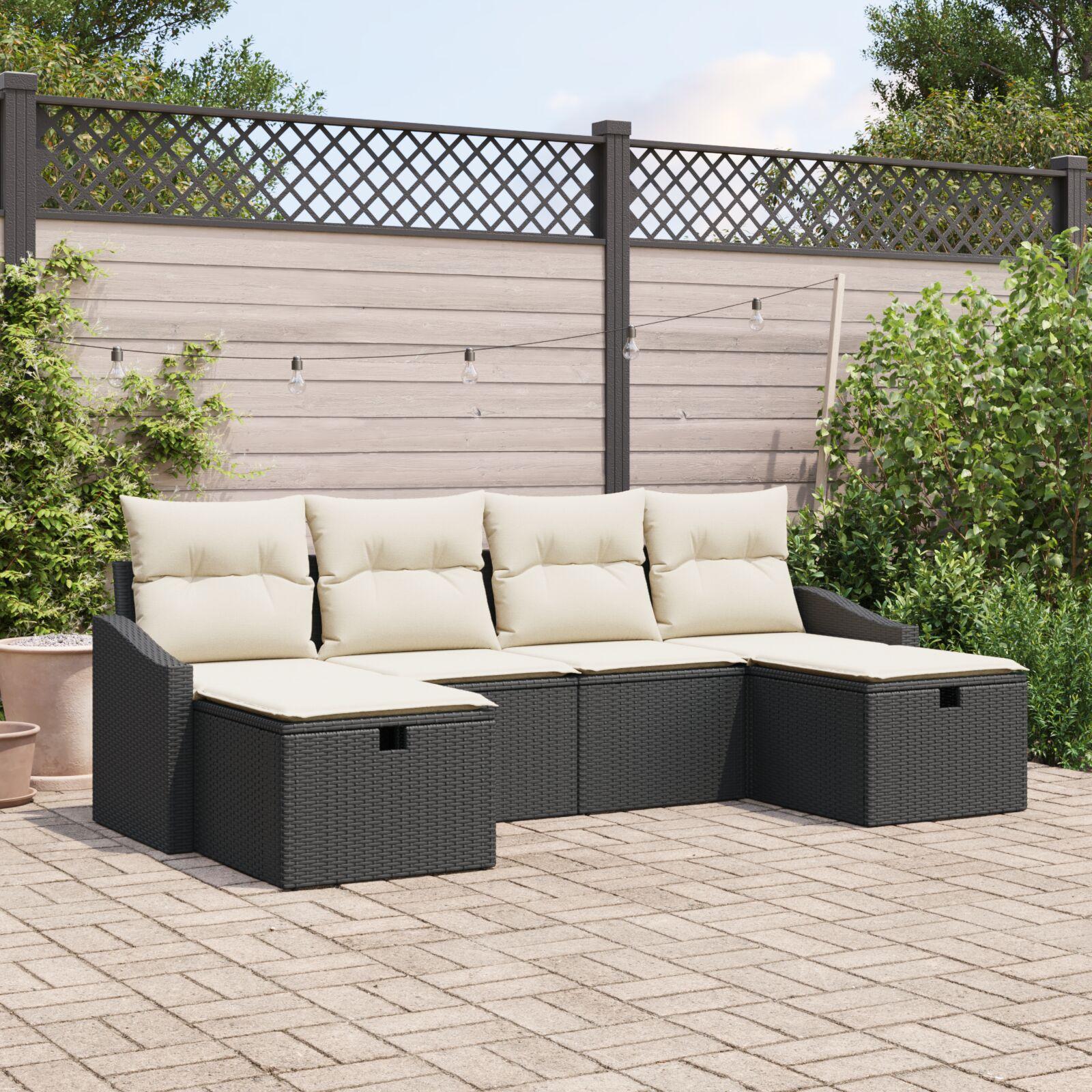 Havesofa Sæt med pude 6 stk Sort 55 x 62 x 69 cm Poly rattan
