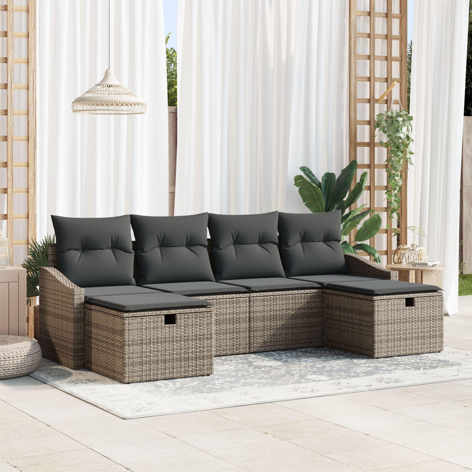 Havesofa Sæt med pude 6 stk Grå 55 x 62 x 69 cm Poly rattan