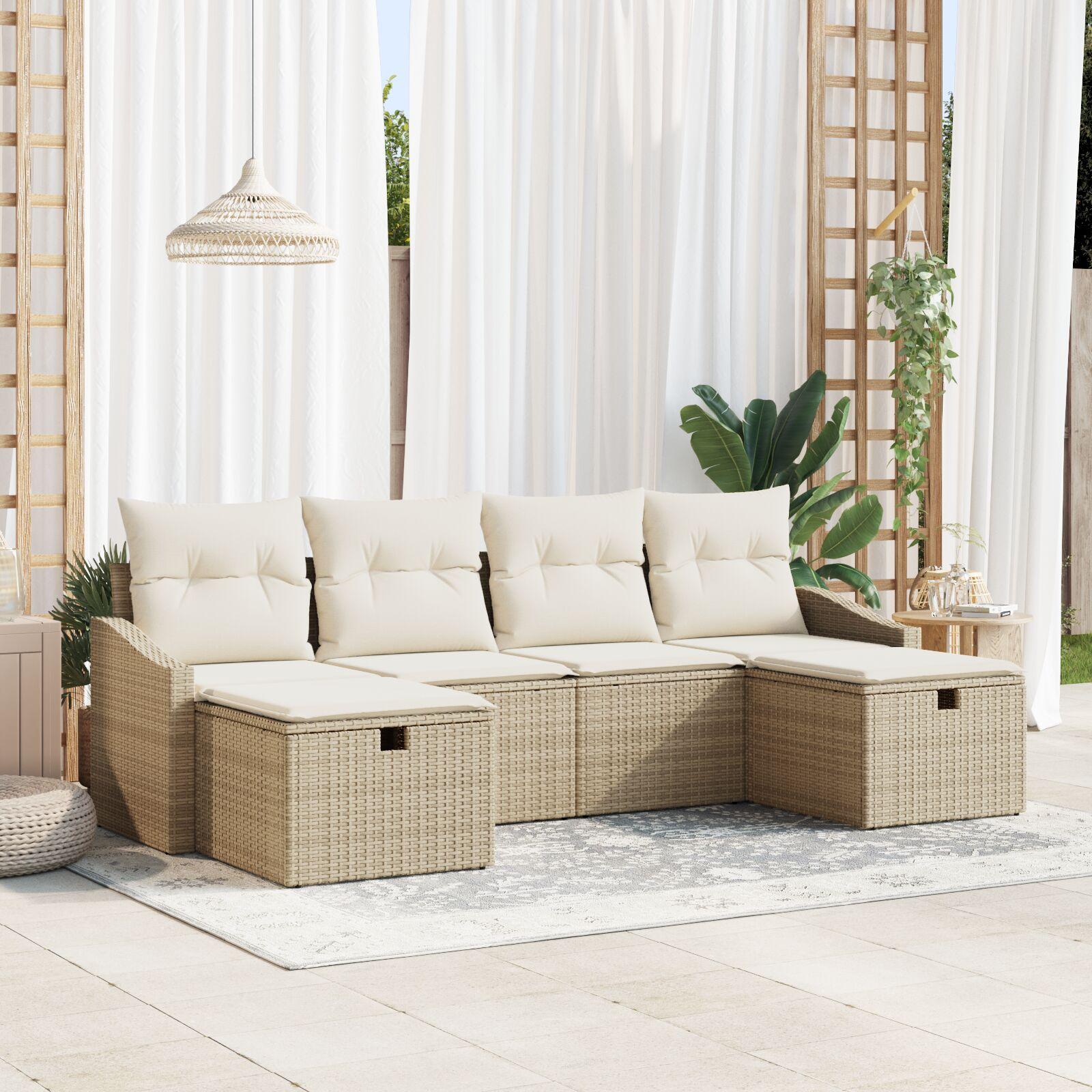 Havesofa Sæt med pude 6 stk Beige 55 x 62 x 69 cm Poly rattan