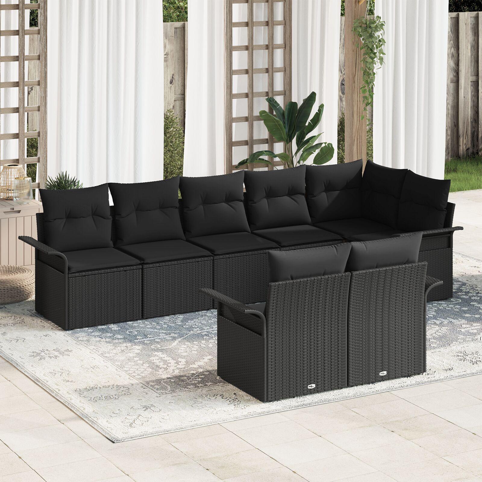 Havesofa Sæt med pude 8 stk Sort Poly rattan
