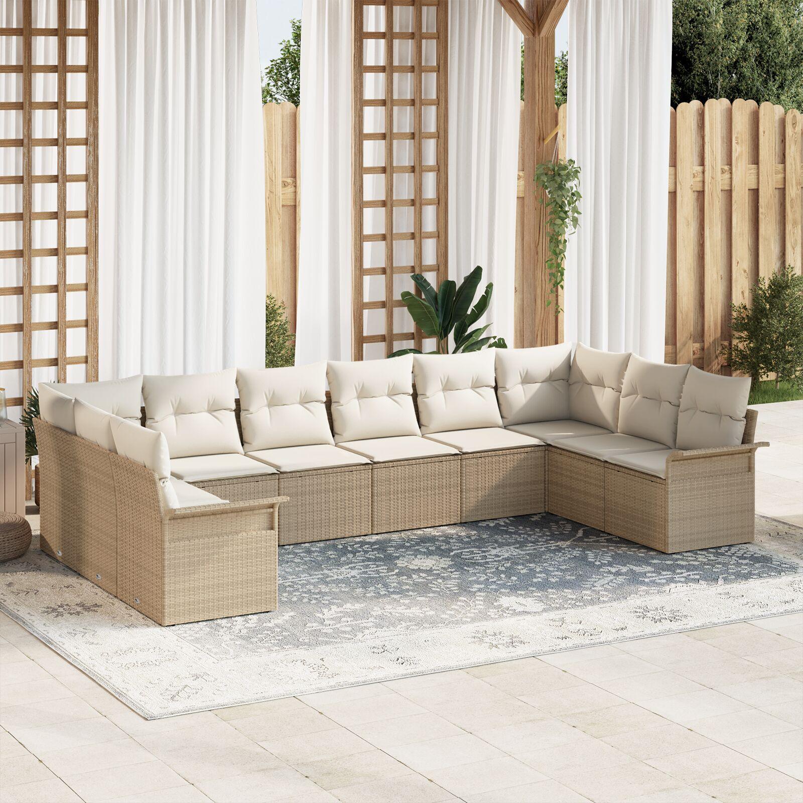 Havesofa Sæt med pude 10 stk Beige Poly rattan