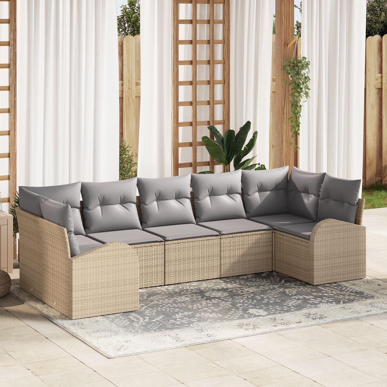 Havesofa Sæt Med Pude 7 Dele Poly Rattan - beige og grå