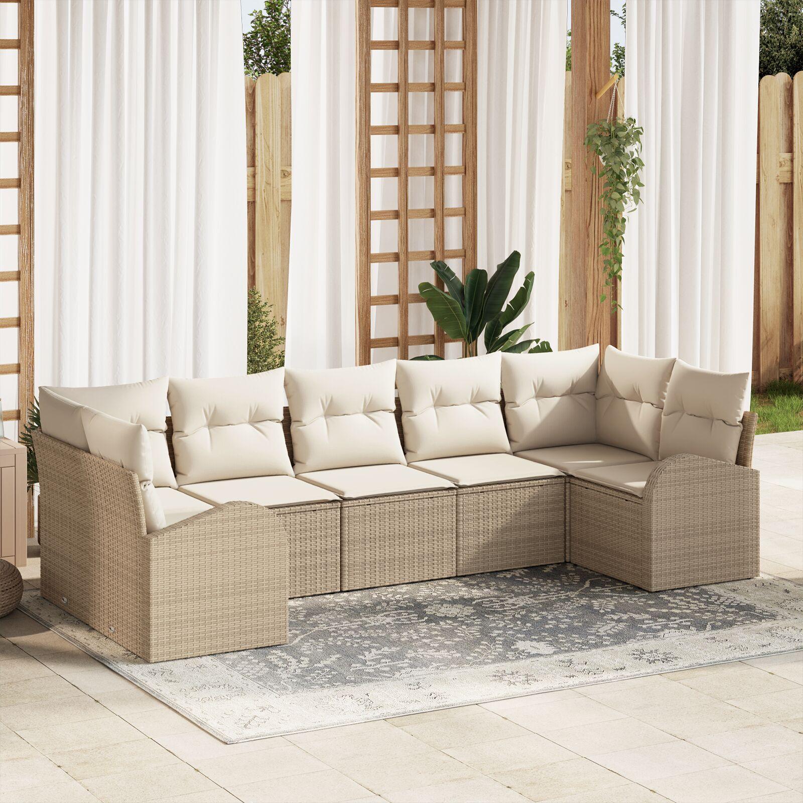 Havesofa Sæt Med Pude 7 Dele Poly Rattan - beige og cremefarvet