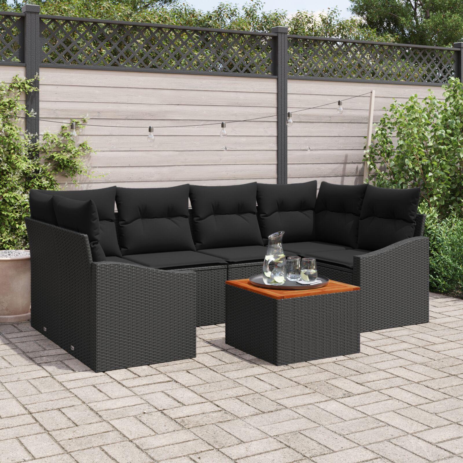 Havesofa sæt 7 dele med puder i sort polyrattan