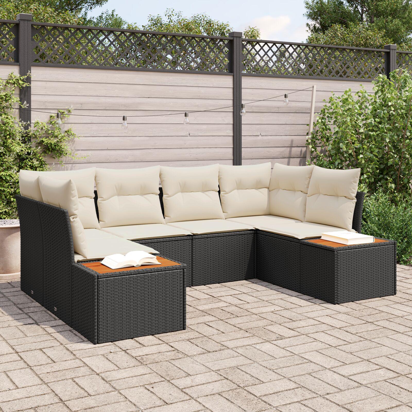 Havesofa sæt med puder - 6-personers modulært loungesæt i sort polyrattan
