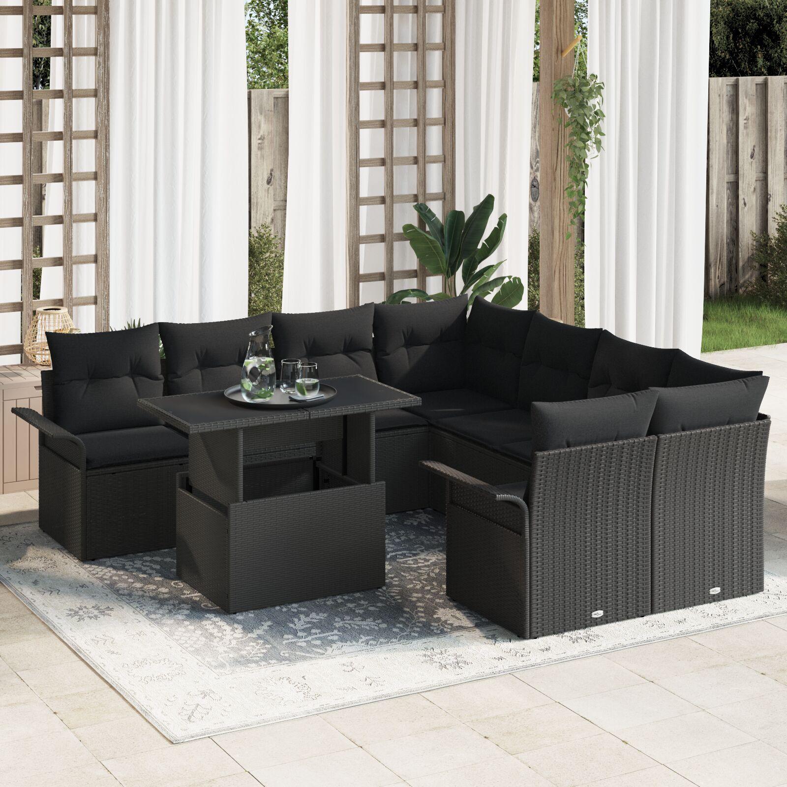 Modul havesofa sæt med puder, 9 dele - sort polyrattan og akacietræ