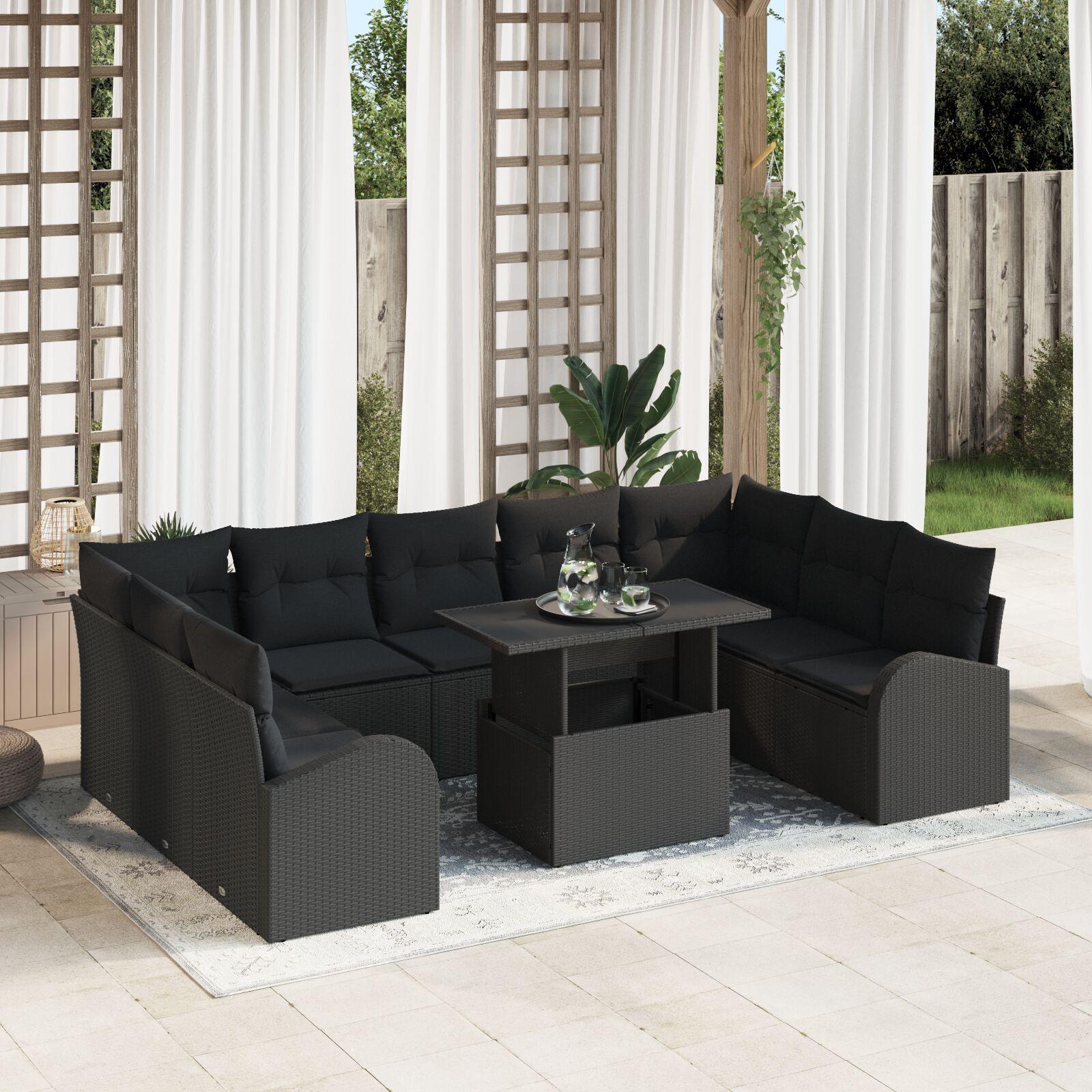Havesofa Sæt med pude 10 stk Sort 100 x 55 x 73 cm