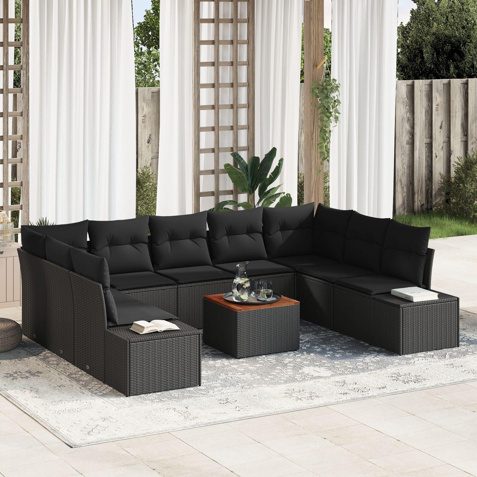 Havesofa-sæt med opbevaring, 10 dele - sort poly rattan