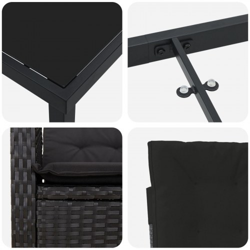 7 Personers Havemødsæt med Puder - Sort Poly Rattan