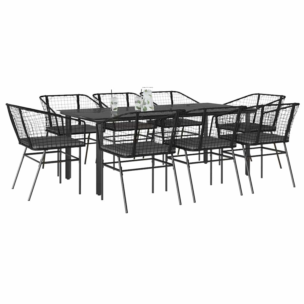 9 dele spisebordssæt til haven m. hynder polyrattan glas sort