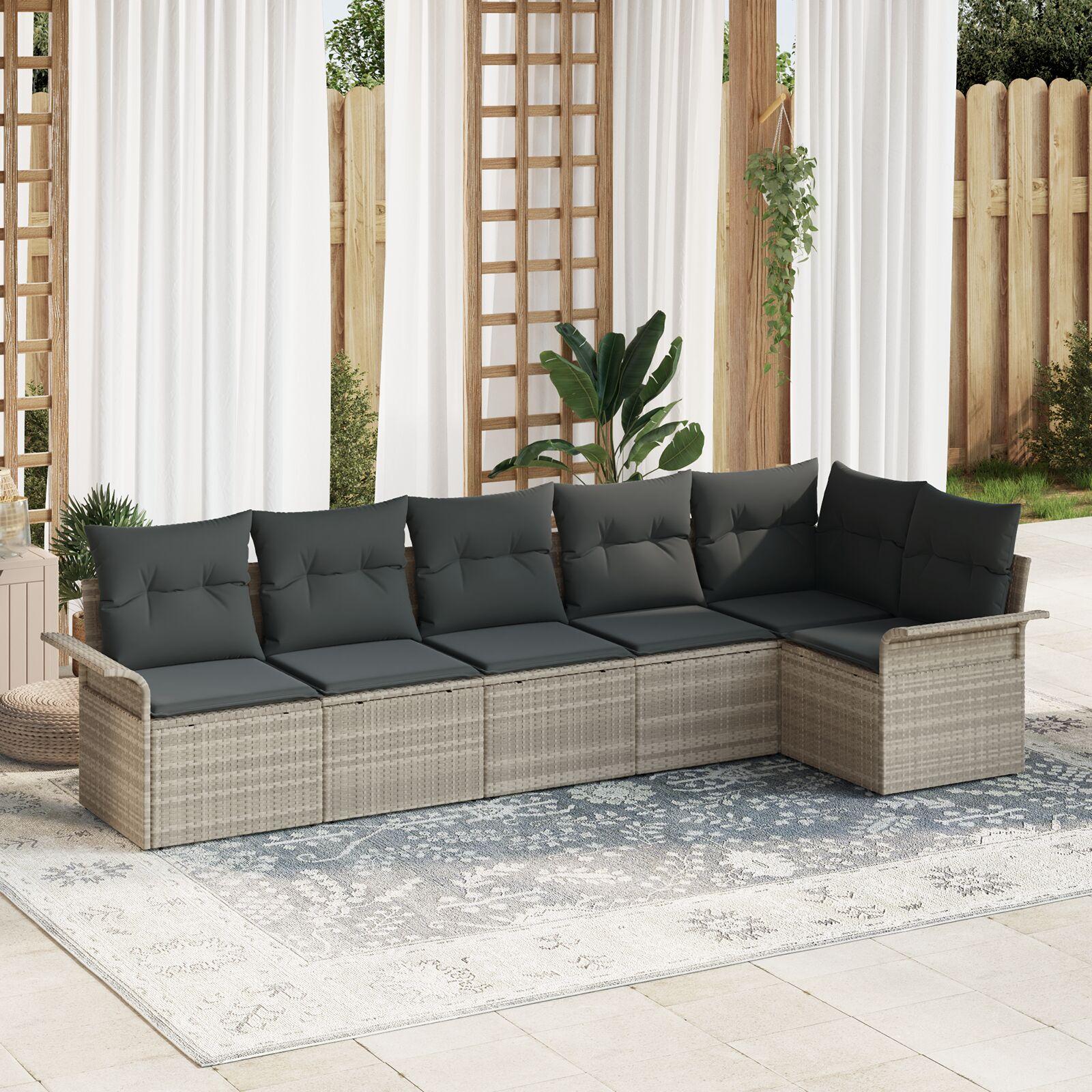 Havesofa Sæt med pude 6 stk Lysegrå Poly rattan