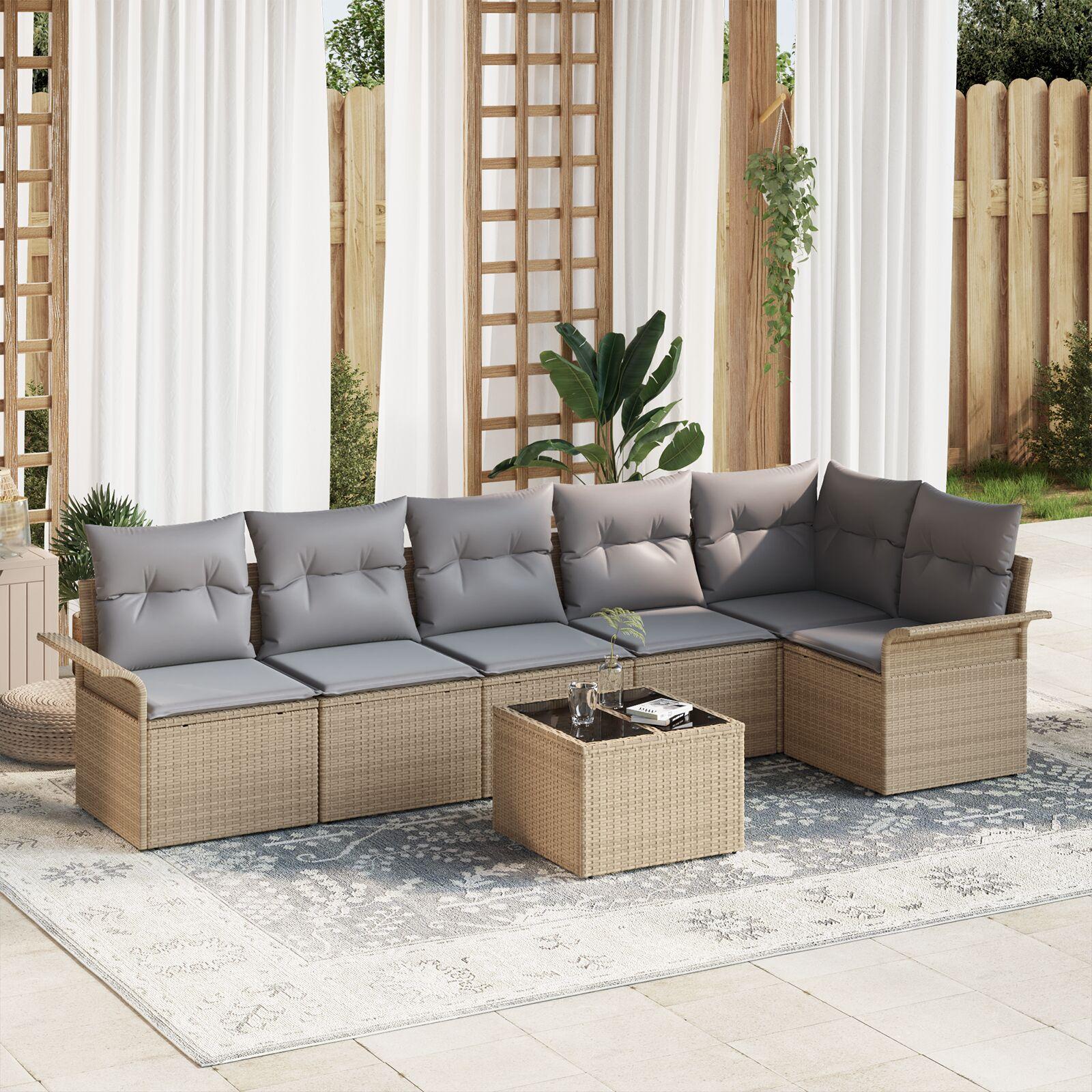 Havesofa Sæt med pude 7 stk Beige Poly rattan