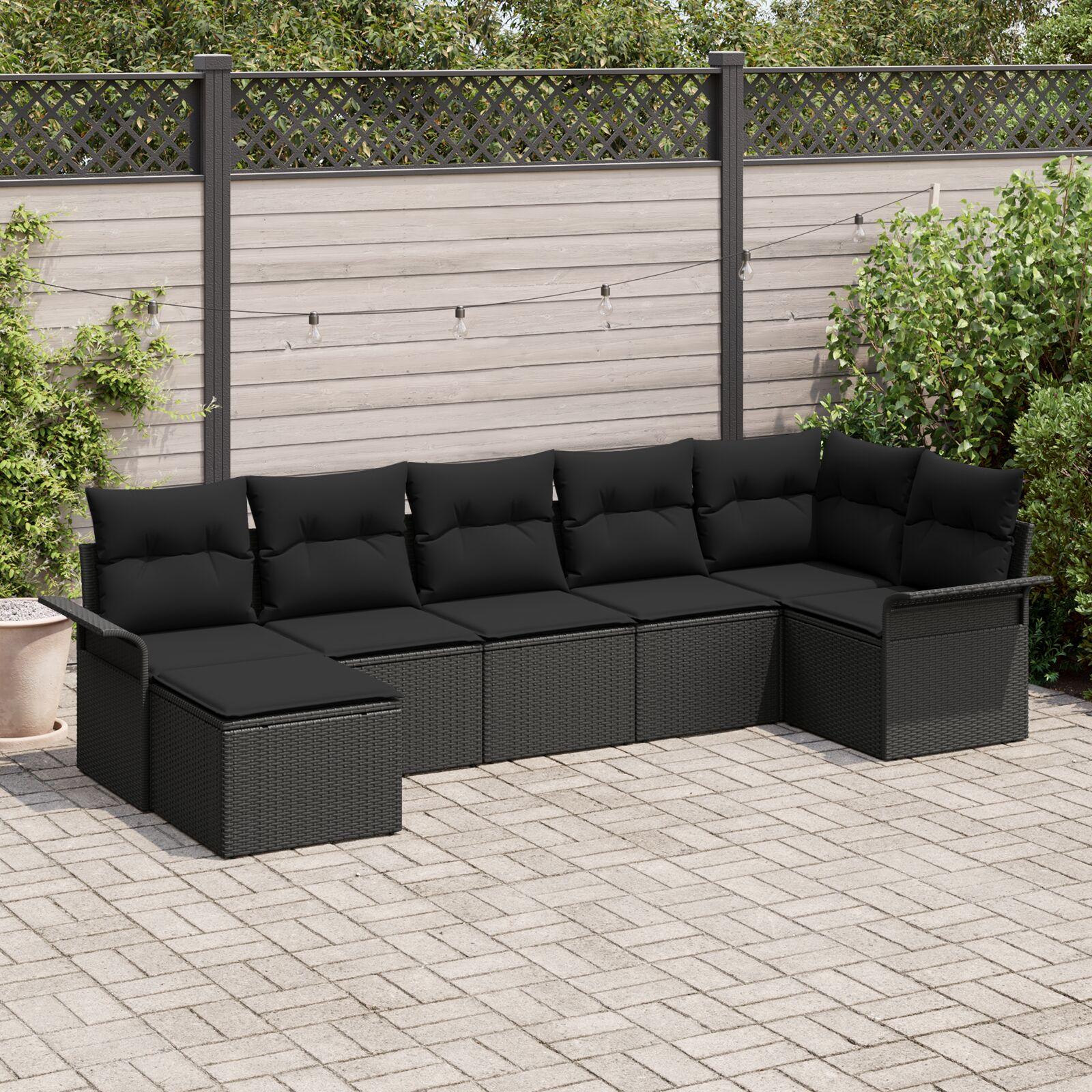 Havesofa Sæt med pude 7 stk Sort Poly rattan