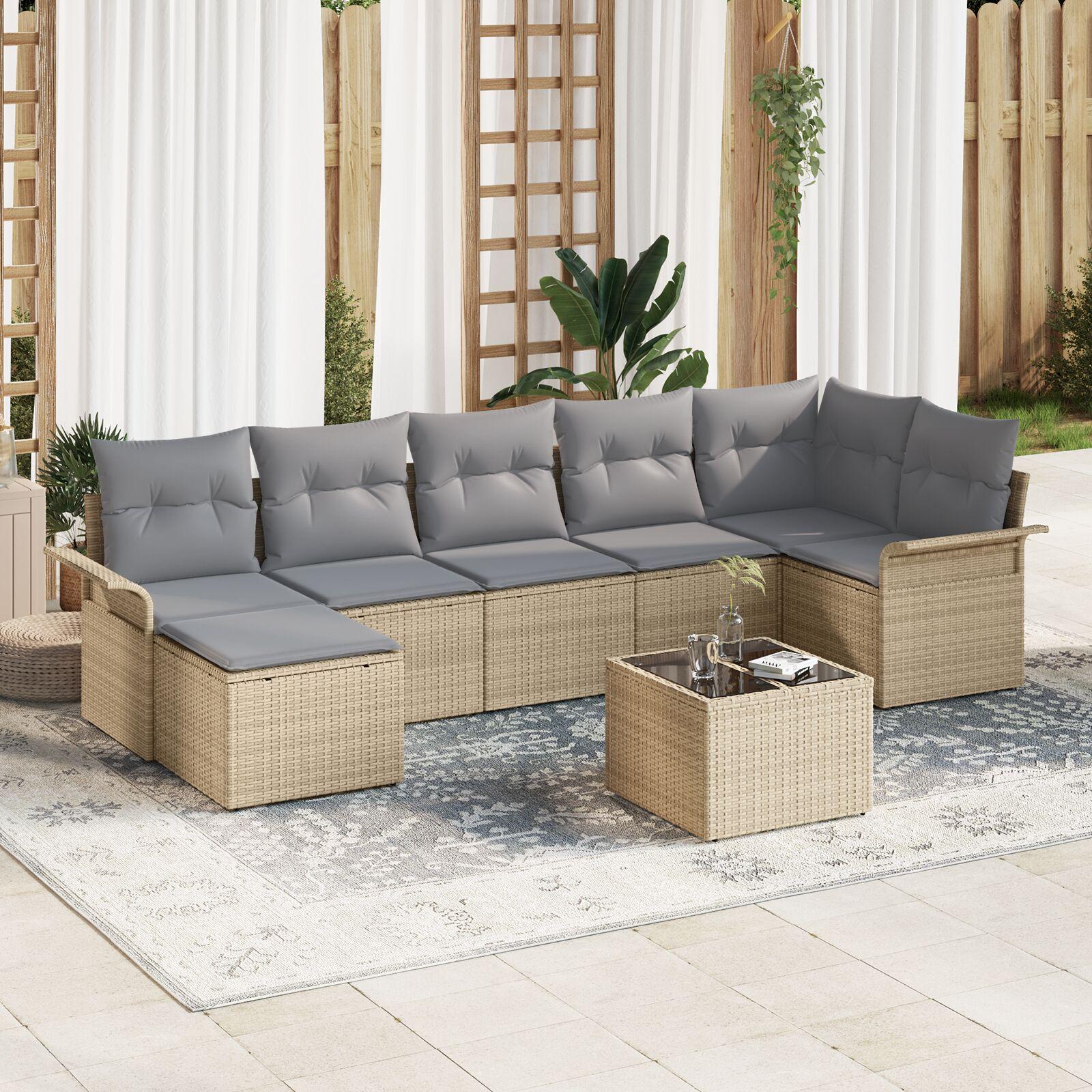 Havesofa Sæt med pude 8 stk Beige Poly rattan