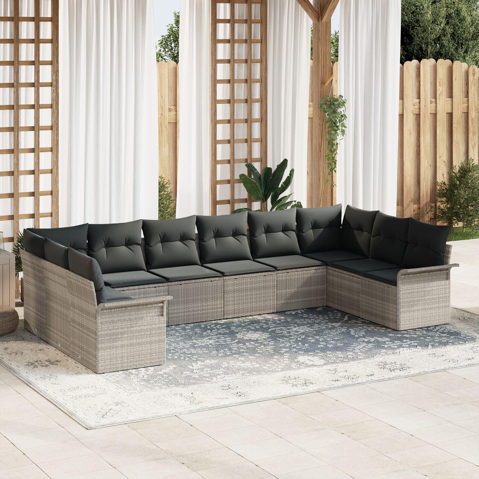 Havesofa sæt med puder - 10 dele, lysegrå polyrattan, modulært loungesæt