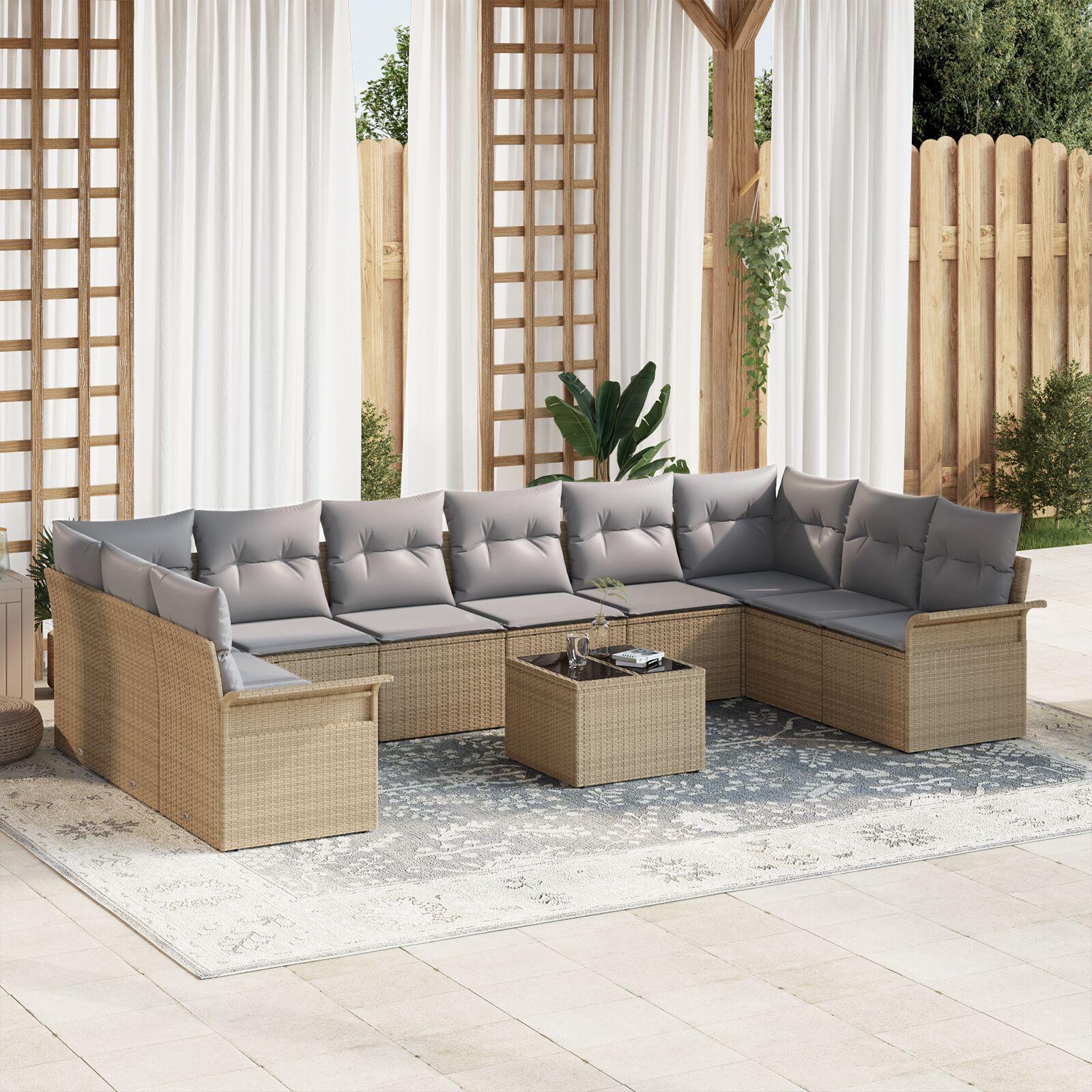 Havesofa Sæt med pude 11 stk Beige Poly rattan