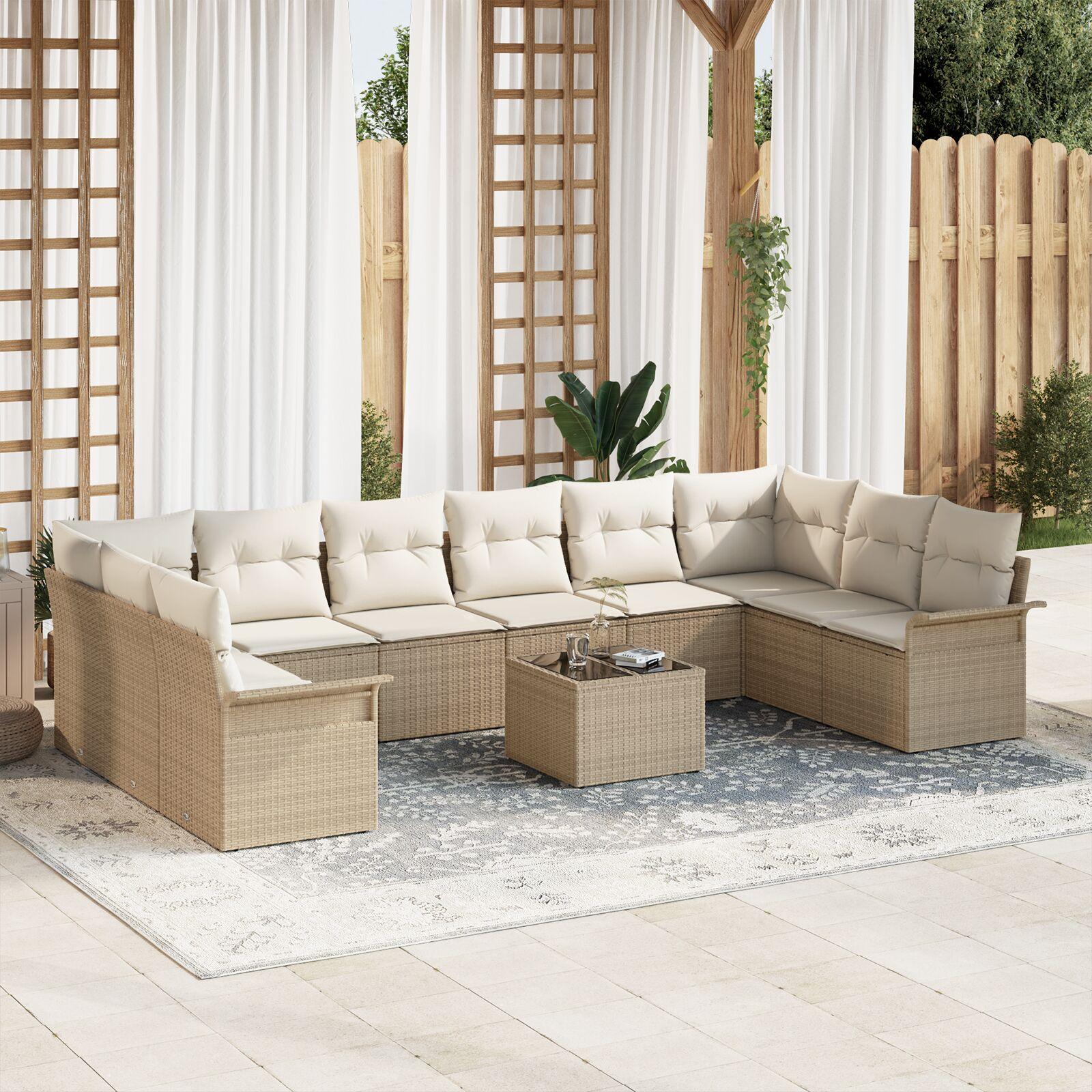 Havesofa Sæt med pude 11 stk Beige Poly rattan