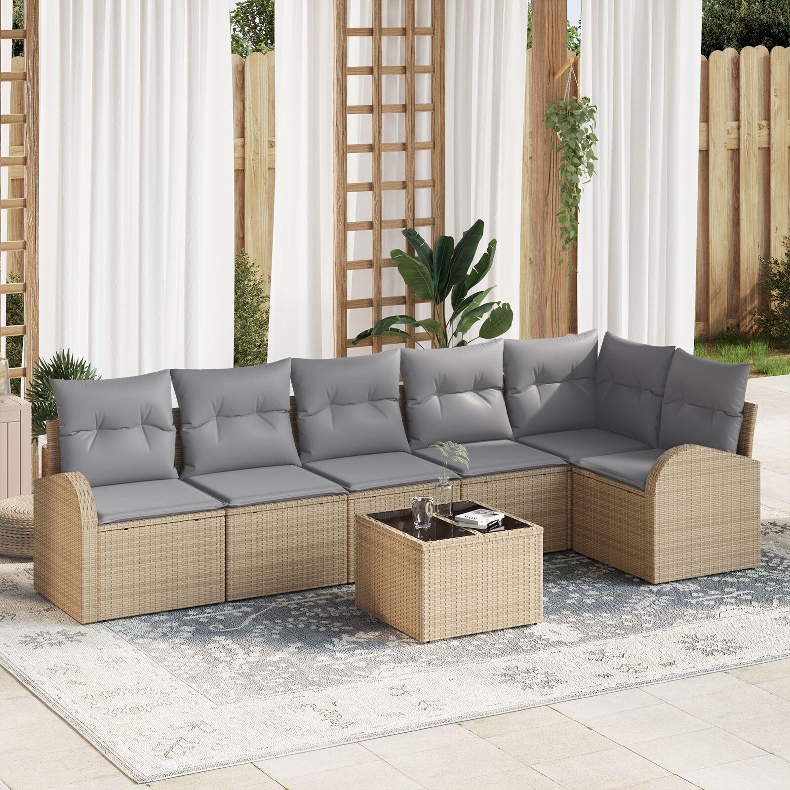 Havesofa Sæt med pude 7 stk Beige Poly rattan