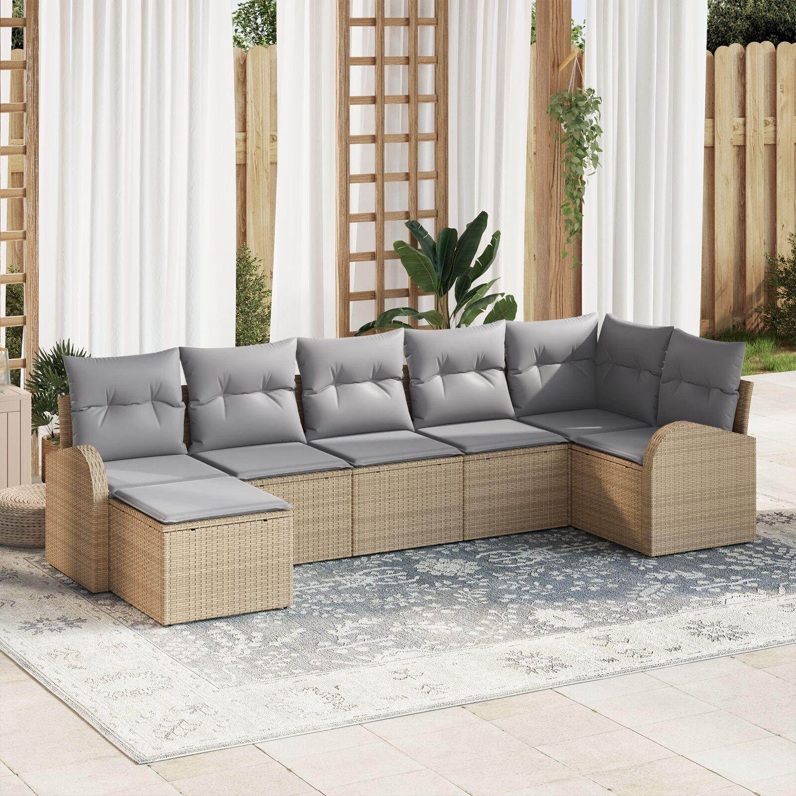 Havesofa Sæt Med Pude 7 Dele Poly Rattan - beige og grå