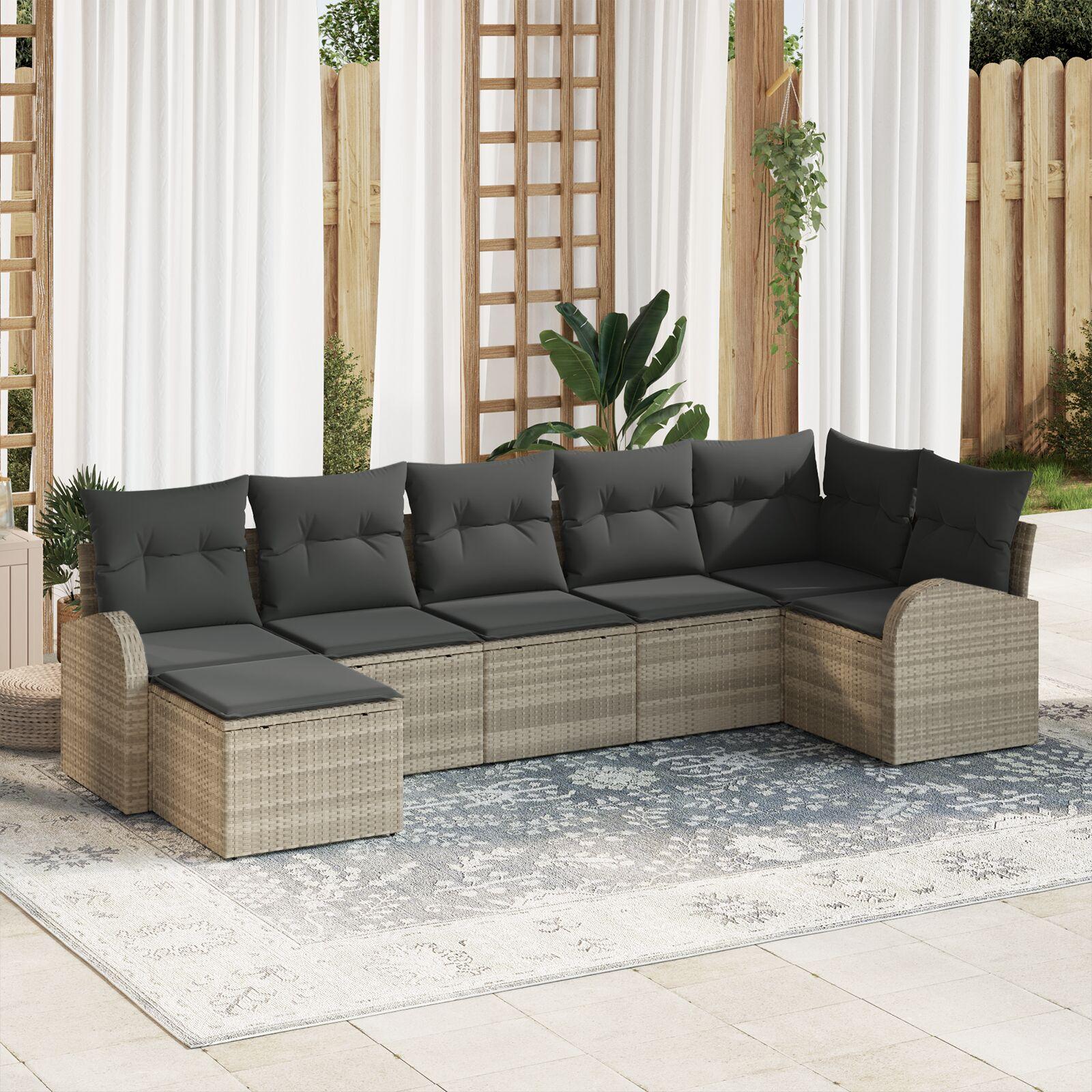 Modulær havesofa med puder - 7-pers. sæt i lysegrå poly rattan