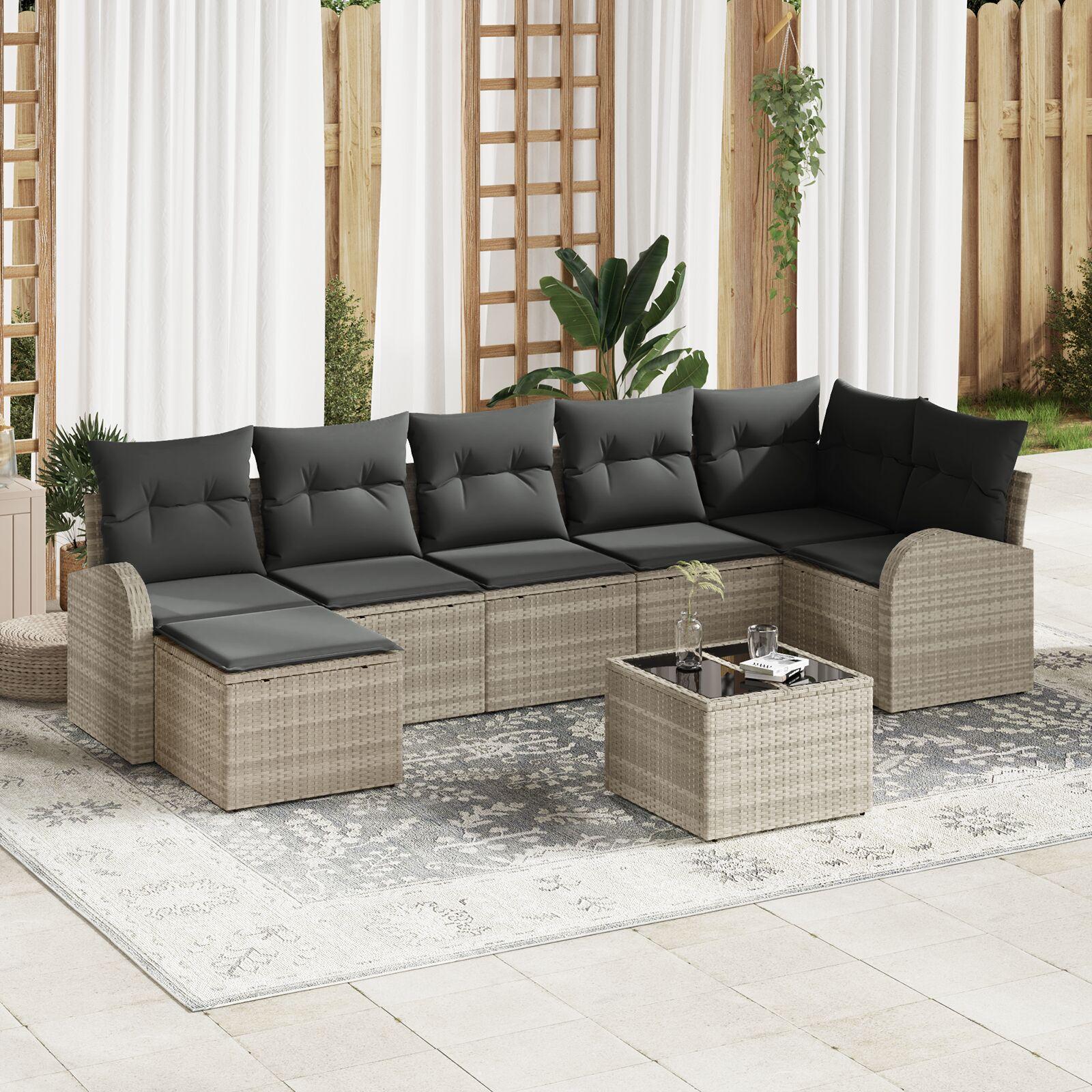 Havesofa Sæt med pude 8 stk Lysegrå Poly rattan