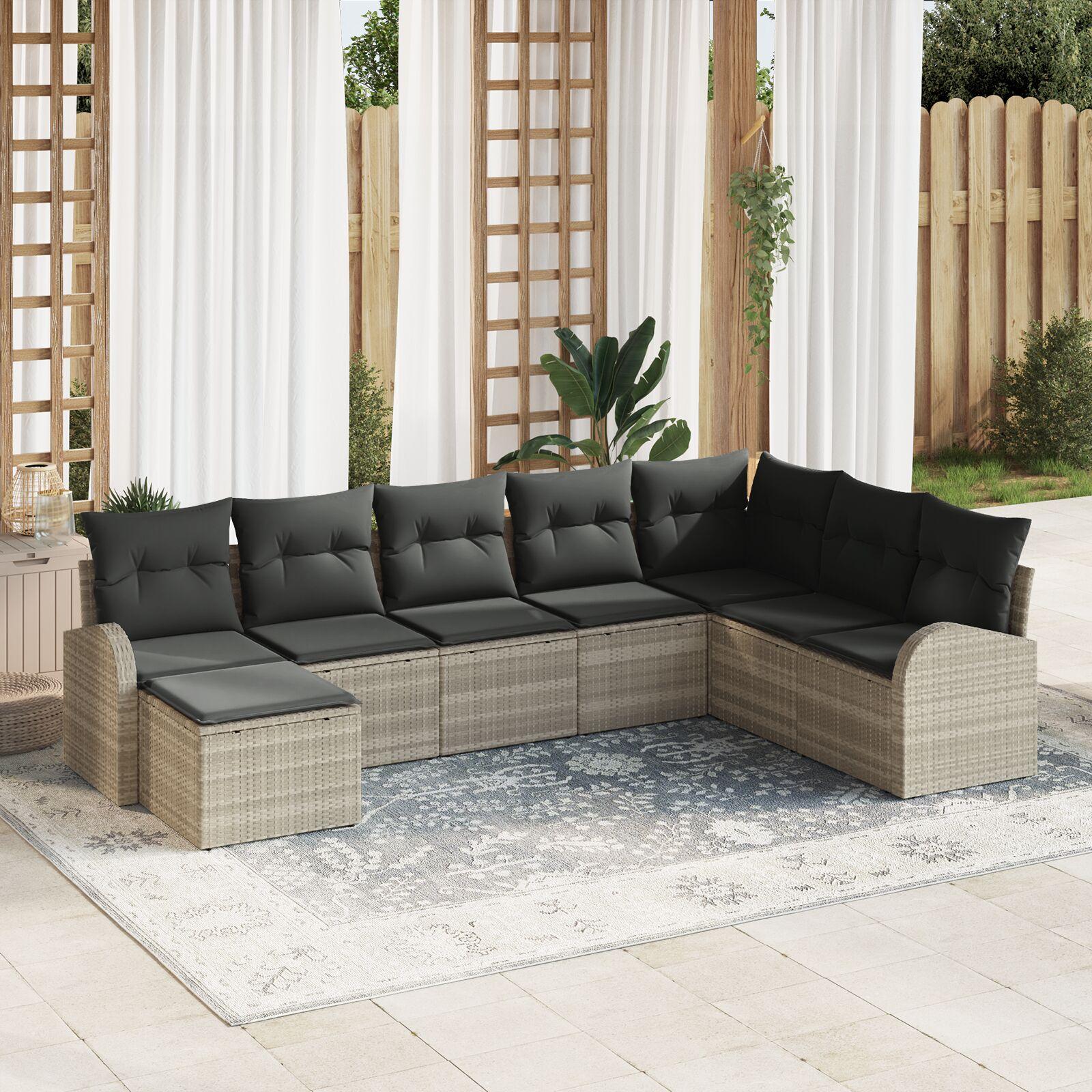 Havesofa Sæt med pude 8 stk Lysegrå Poly rattan