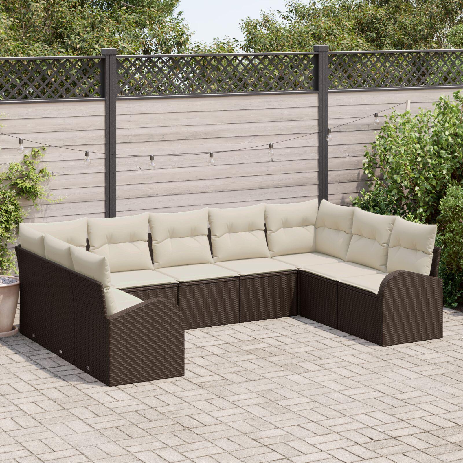 Sofasæt med puder, 9 dele - brun poly rattan, modulært loungesæt til terrasse og have