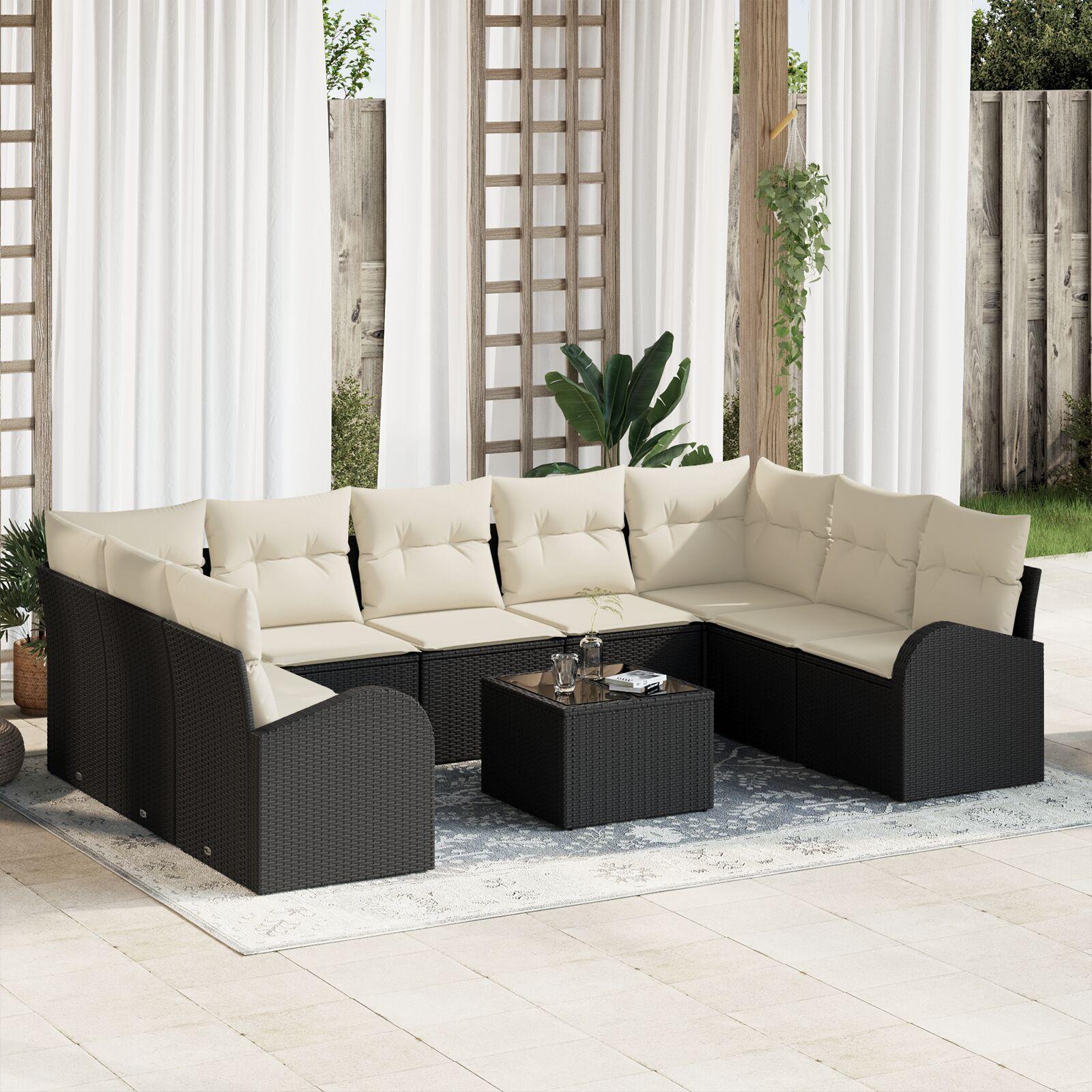 Modulært loungesæt i sort poly rattan med puder - 10 dele