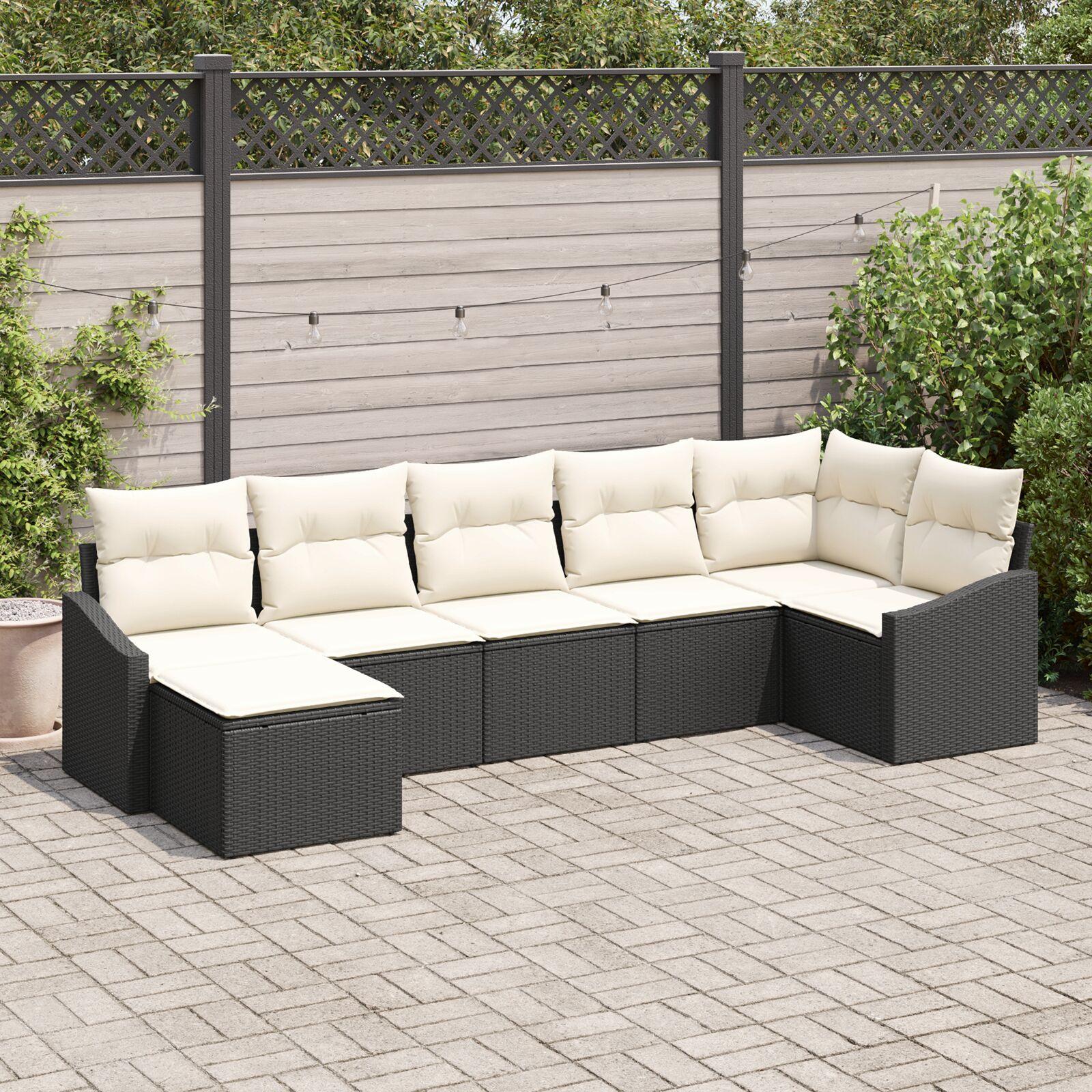 Sofa sæt med puder i sort polyrattan - 7 dele, modulært hjørnesæt