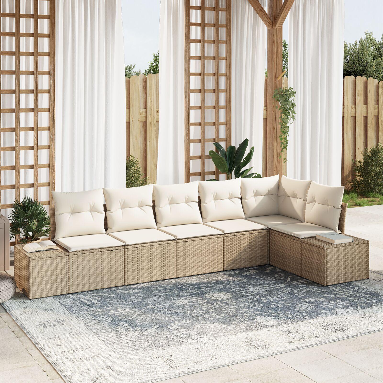 Havesofa Sæt med pude 6 stk beige og cremefarvet Poly rattan
