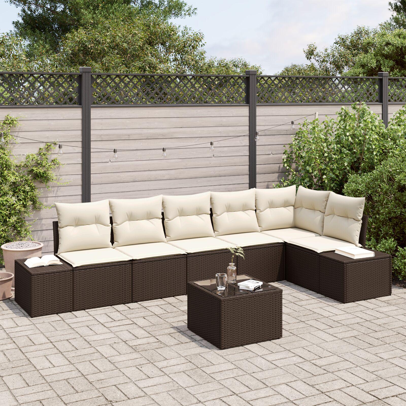 Havesofa Sæt med pude 7 stk Brun og cremefarvet Poly rattan