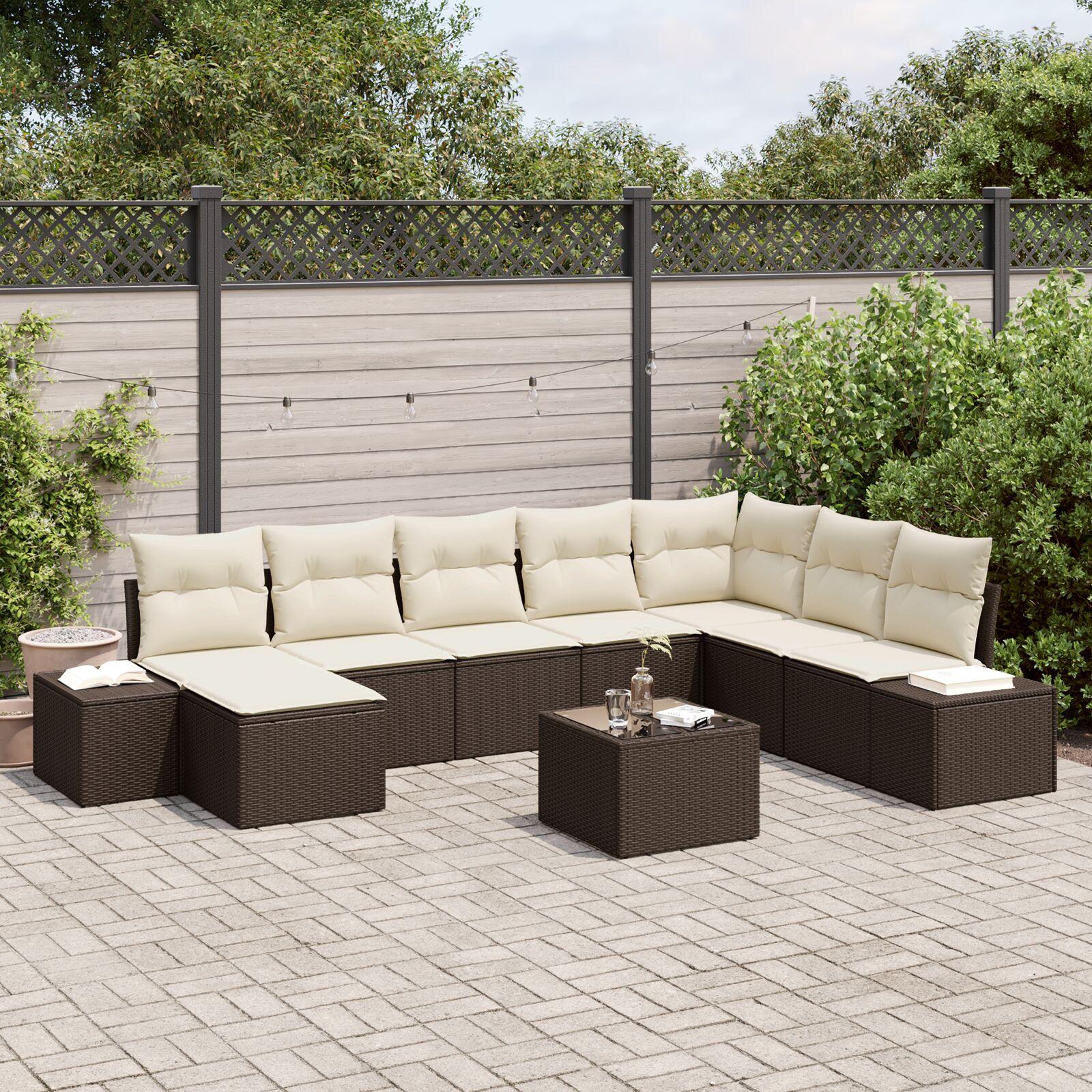 Havesofa Sæt Med Pude 9 Dele 319 X 209 X 85 Cm Poly Rattan - Brun og cremefarvet / med bord