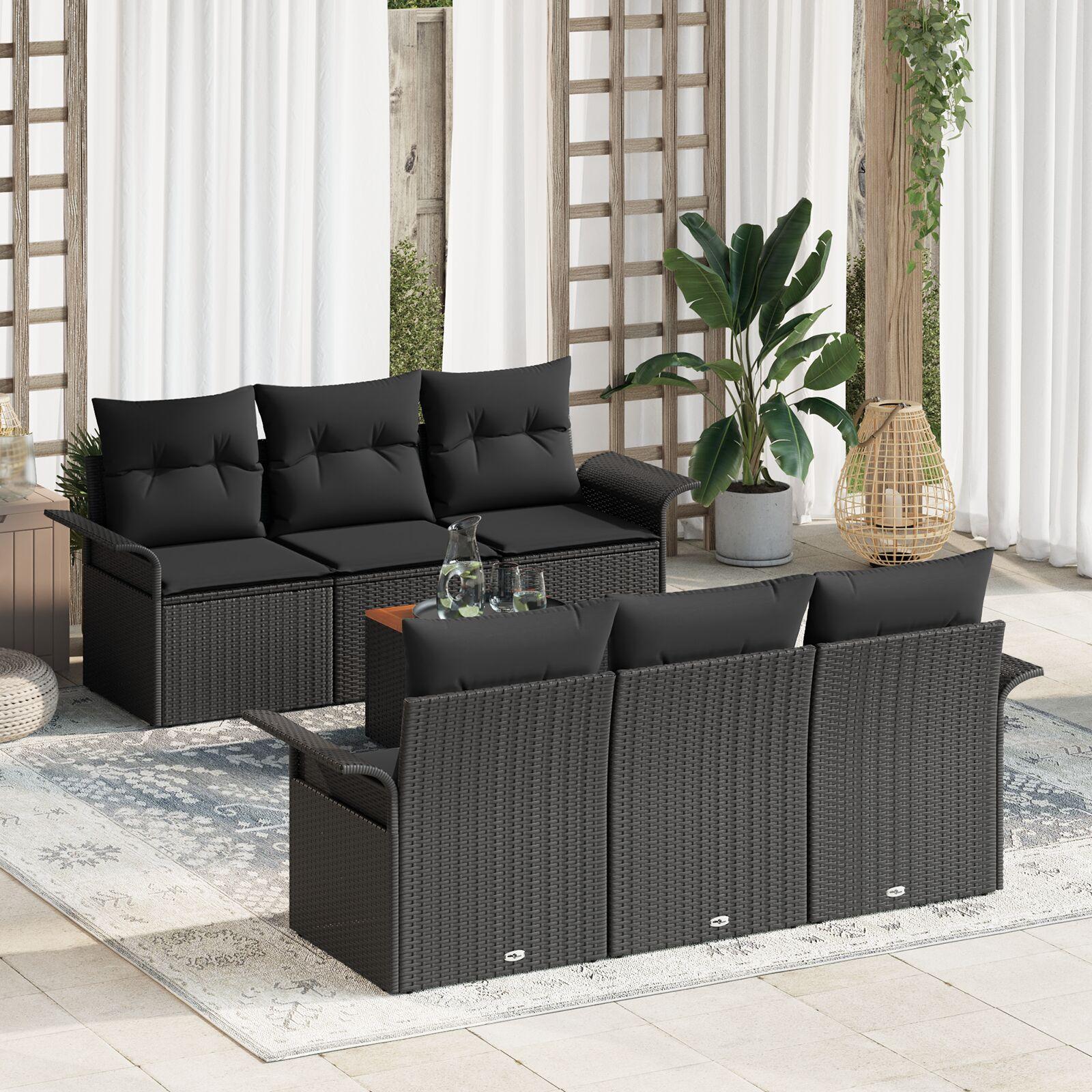Havesofa sæt med puder 7 stk i sort polyrattan