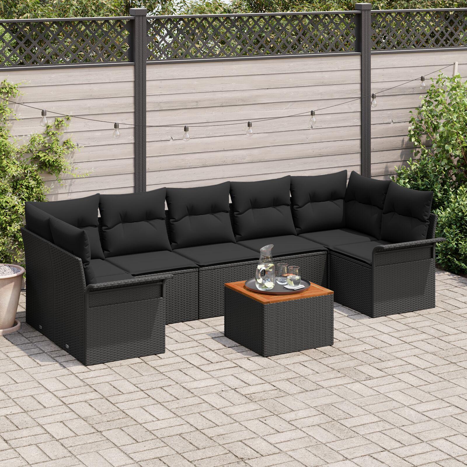 Havesofa sæt i sort polyrattan - modulært loungesæt med puder, 8 dele
