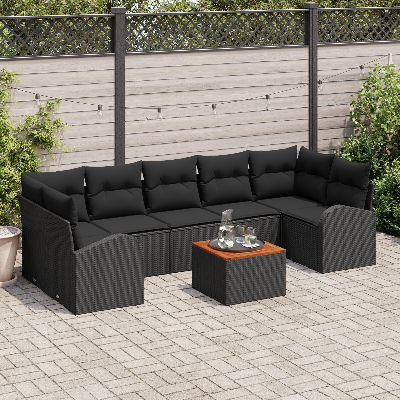 Havesofa-sæt i sort polyrattan - modulopbygget loungesæt med bord, 8 dele