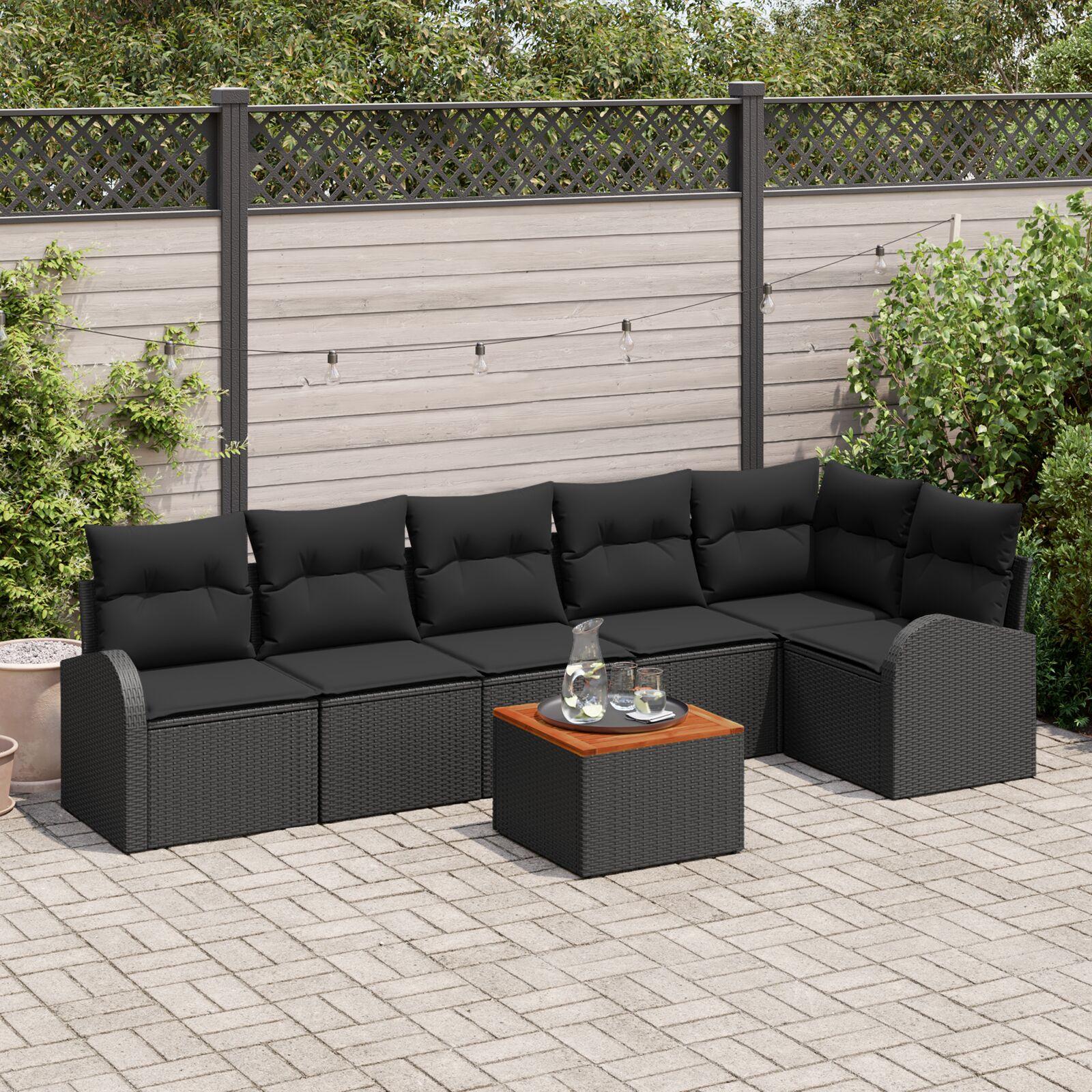 Modulært havesofa sæt med puder - 7 dele, sort polyrattan