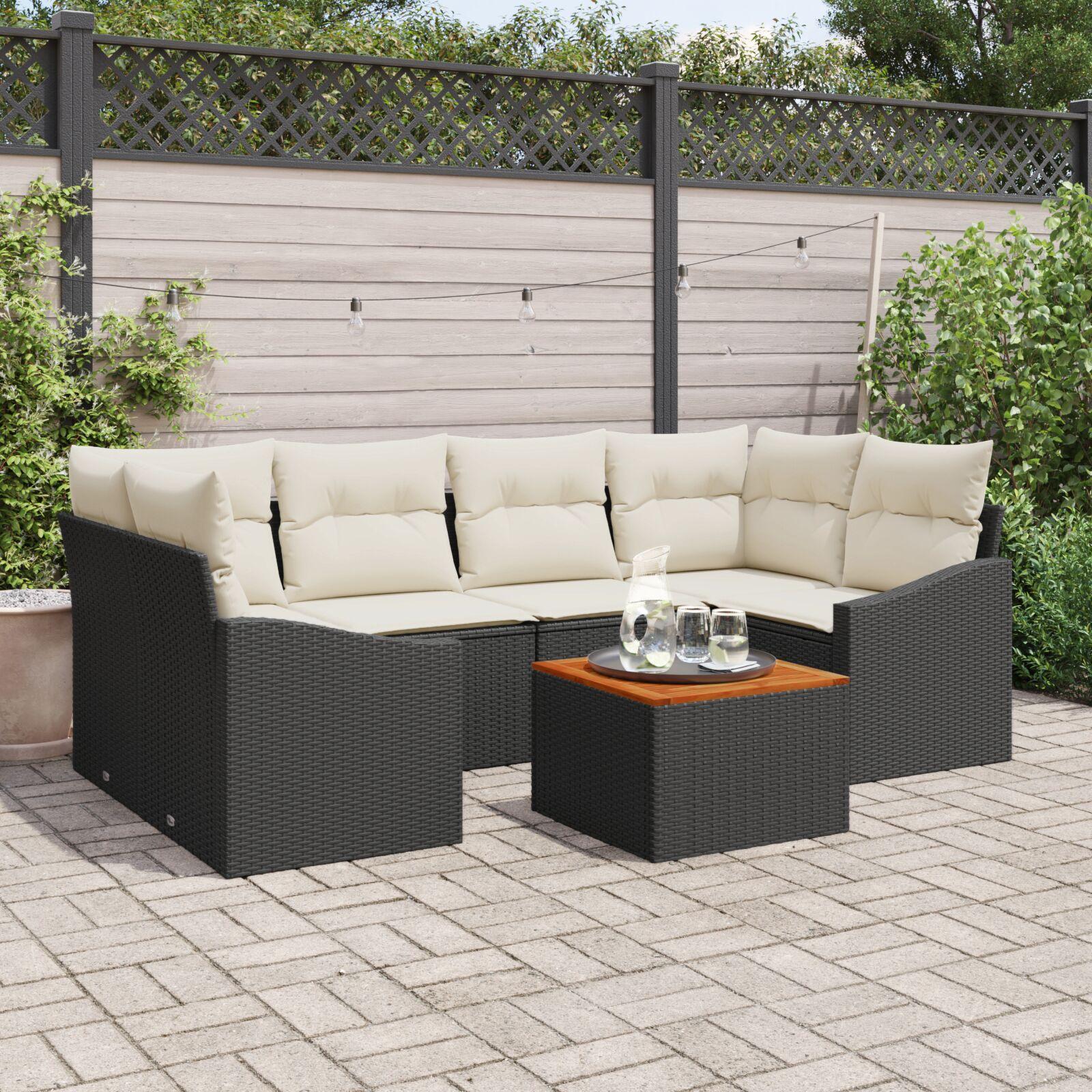 Havesofa sæt i sort polyrattan - modulært loungesæt med puder, 7 dele