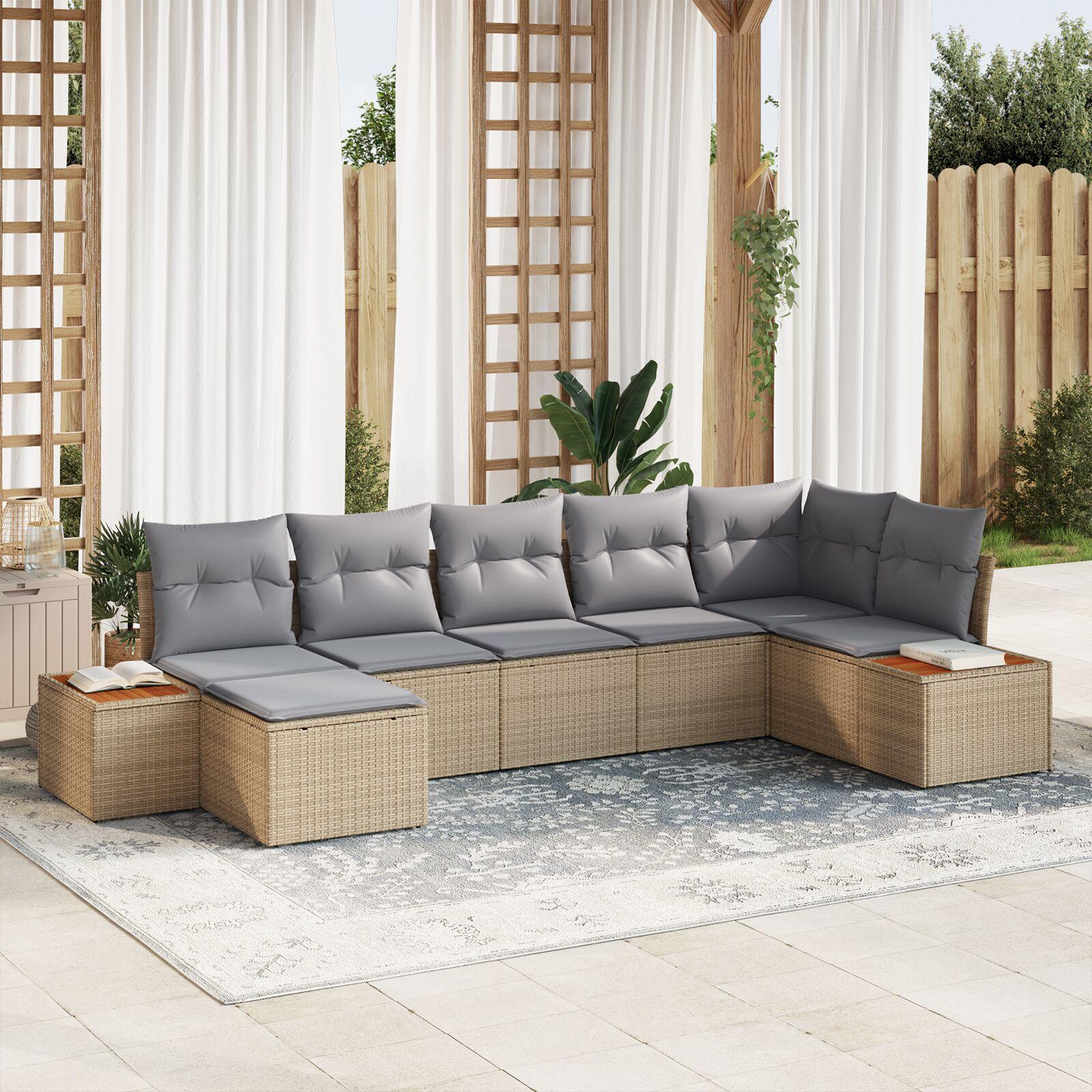 Havesofa sæt i beige polyrattan med puder - 7 personer, modulopbygget