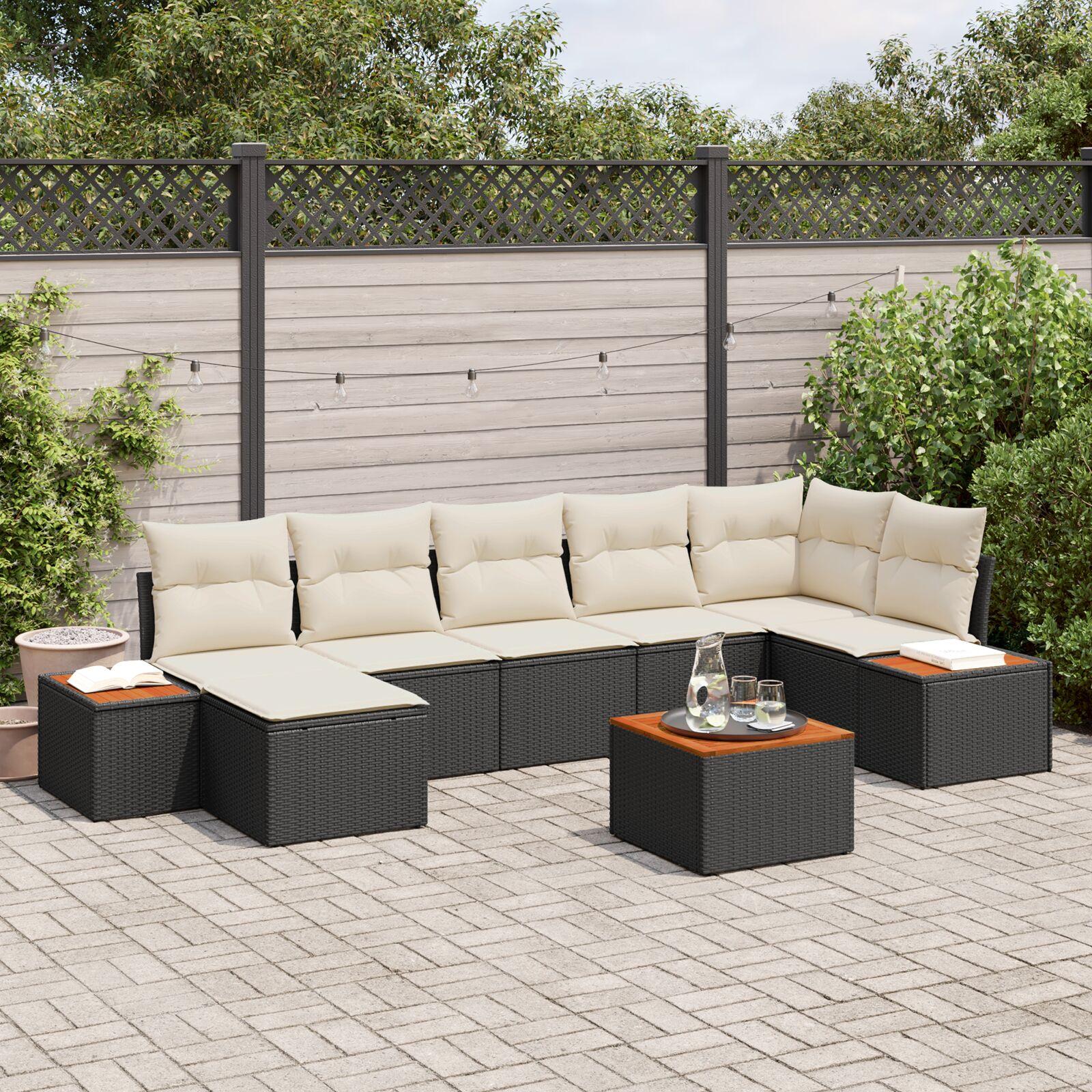 Havesofa-sæt i sort polyrattan med puder - 8 dele, modulopbygget